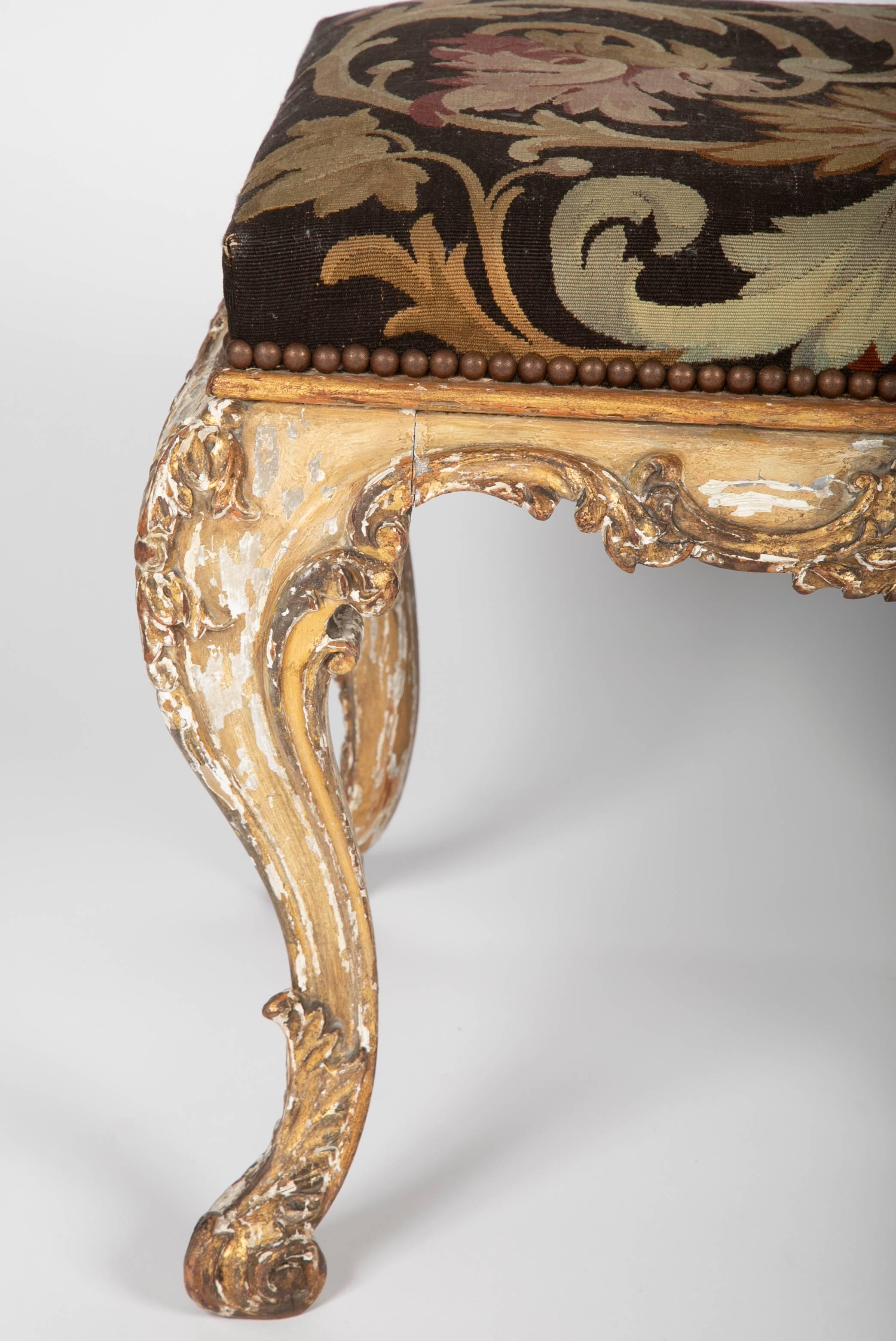 Carved  French Rococo Painted and Gilt Stool with Aubusson Upholstery