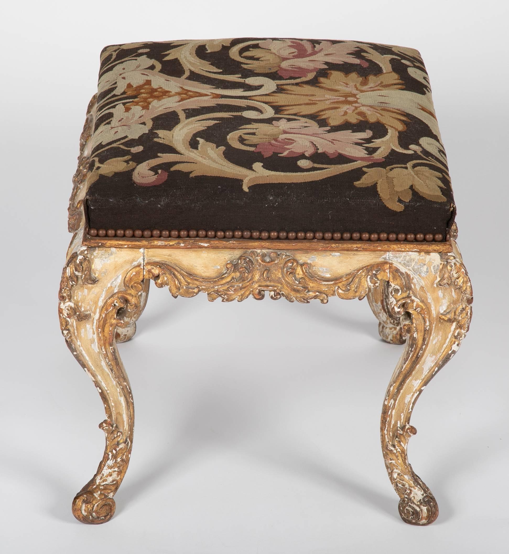 19th Century  French Rococo Painted and Gilt Stool with Aubusson Upholstery