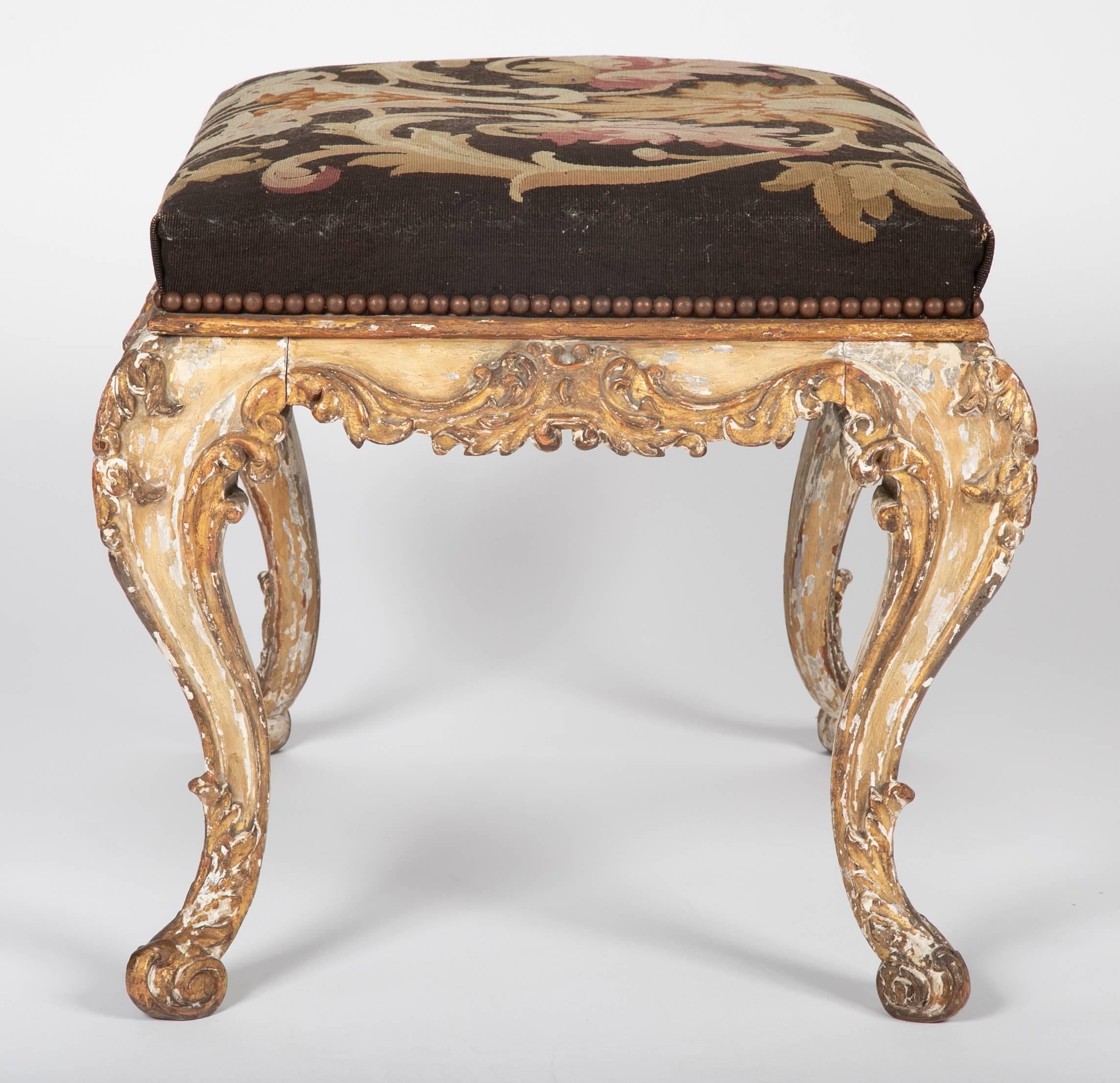 Tapestry  French Rococo Painted and Gilt Stool with Aubusson Upholstery