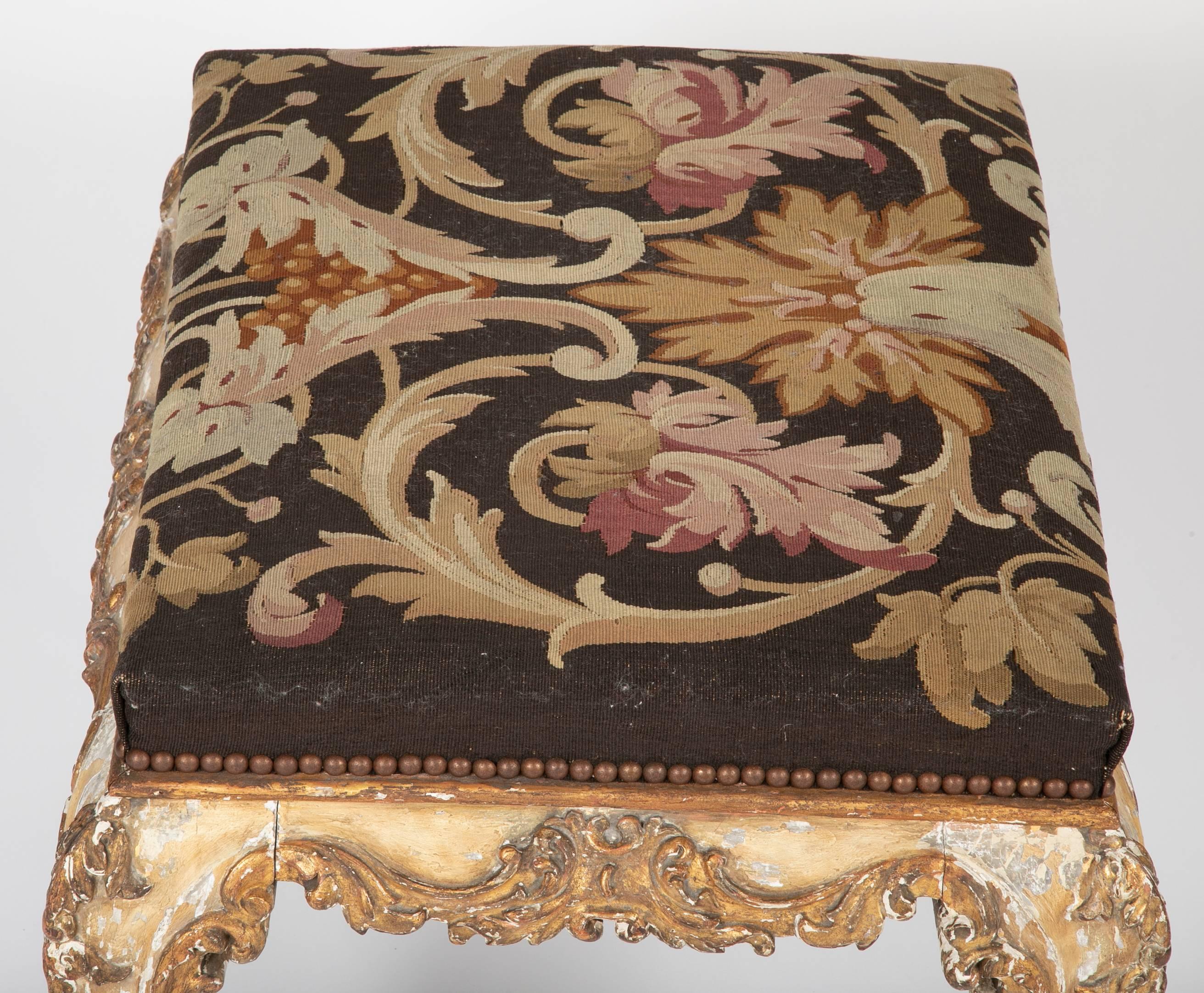  French Rococo Painted and Gilt Stool with Aubusson Upholstery 1