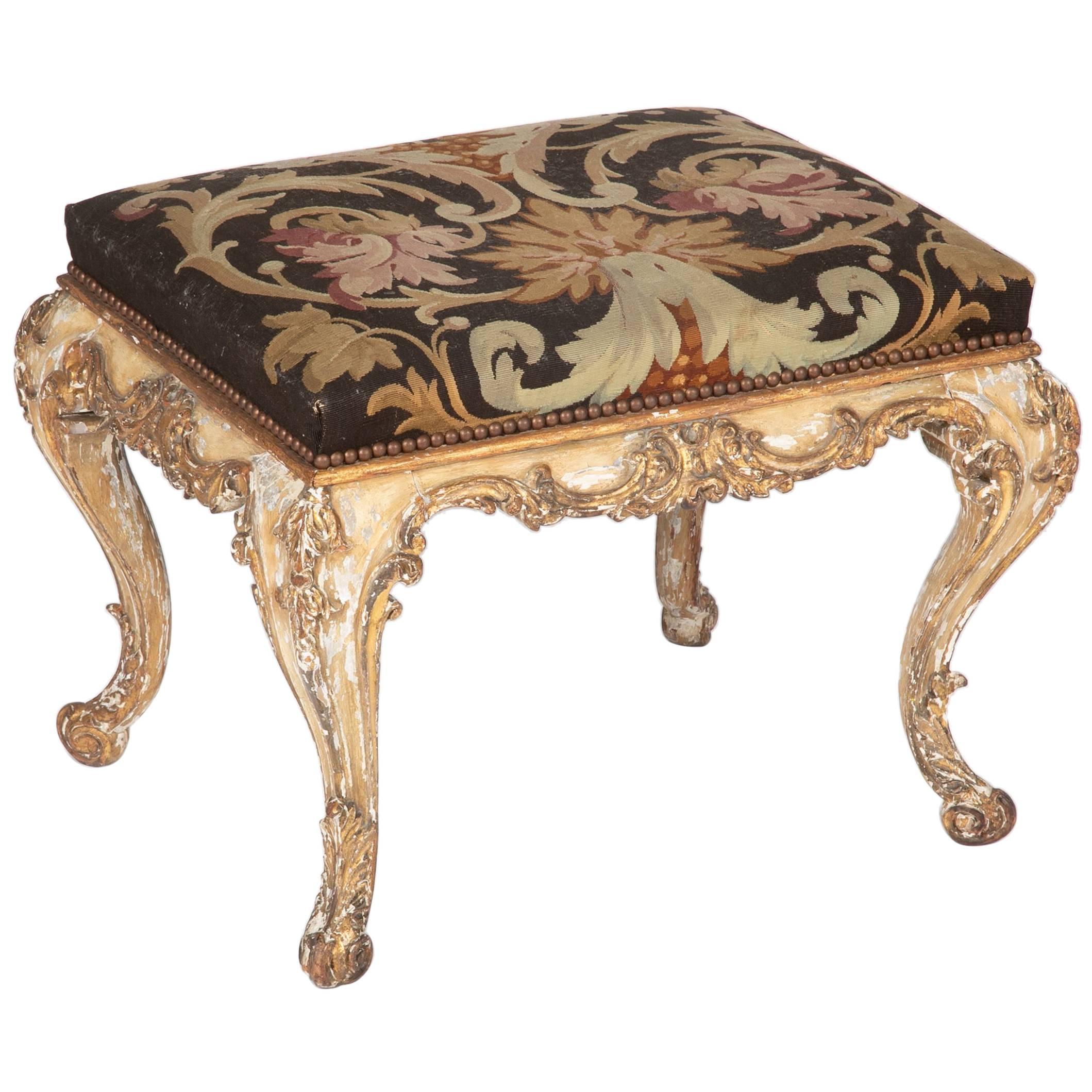  French Rococo Painted and Gilt Stool with Aubusson Upholstery