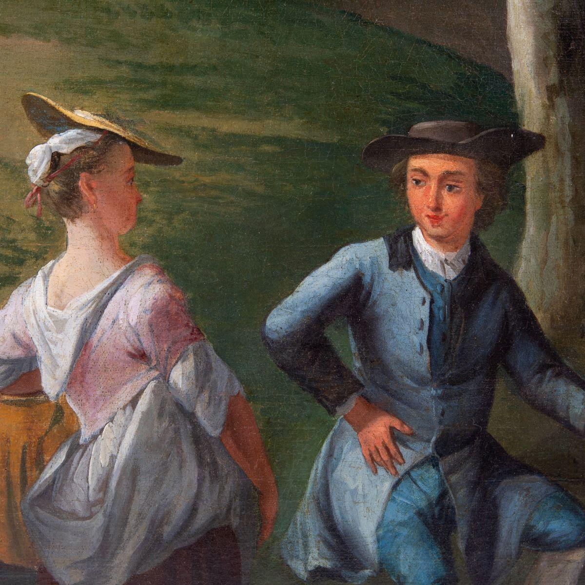 Charmant tableau rococo français de la seconde moitié du XVIIIe siècle.
Représentation d'un homme et d'une femme en conversation dans un cadre pastoral.

Non signé et non encadré.

France 1760-1770
