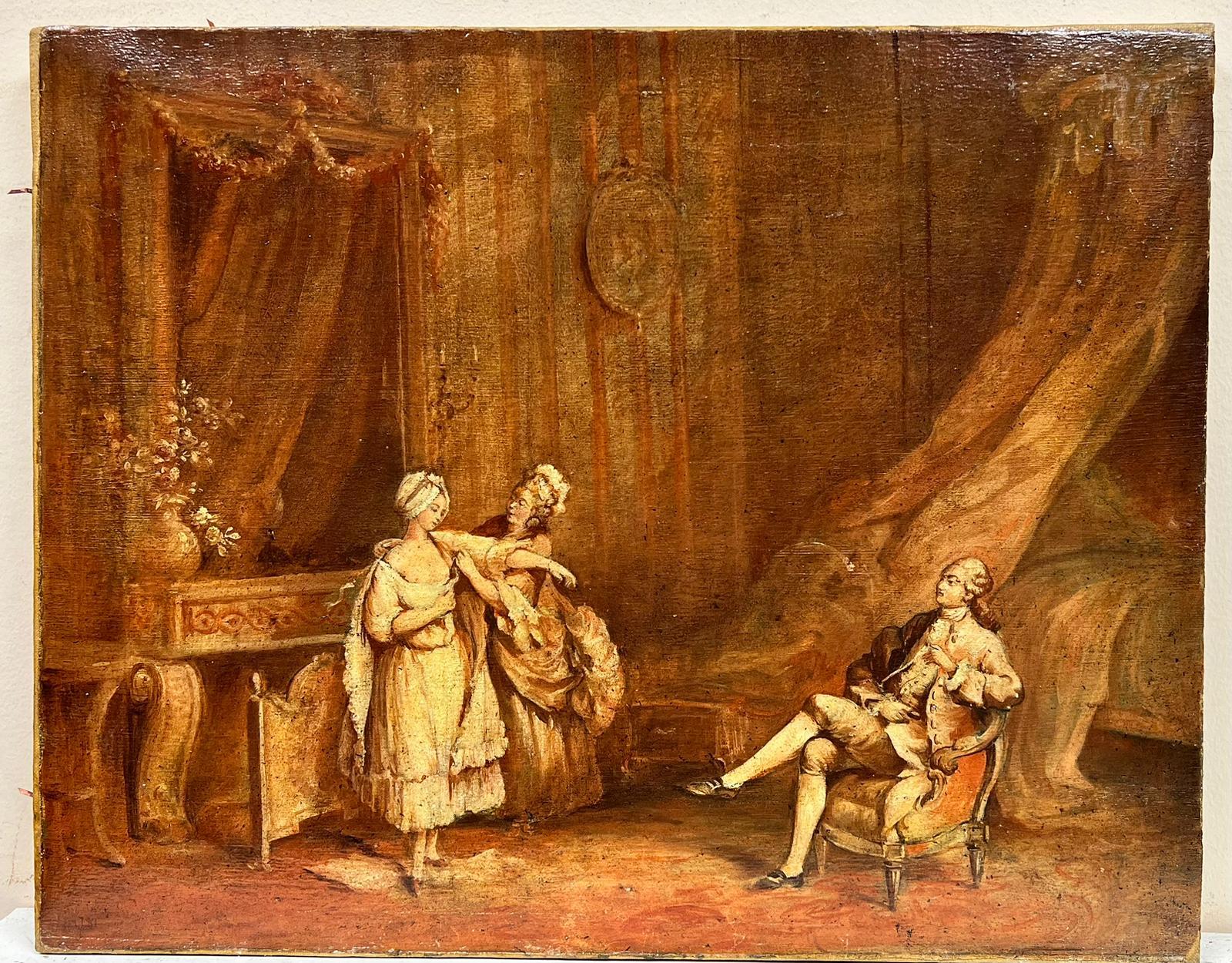 Peinture à l'huile française des années 1800 - Élégante période rococo - Figures d'intérieur - habillage de la dame - Painting de French Rococo