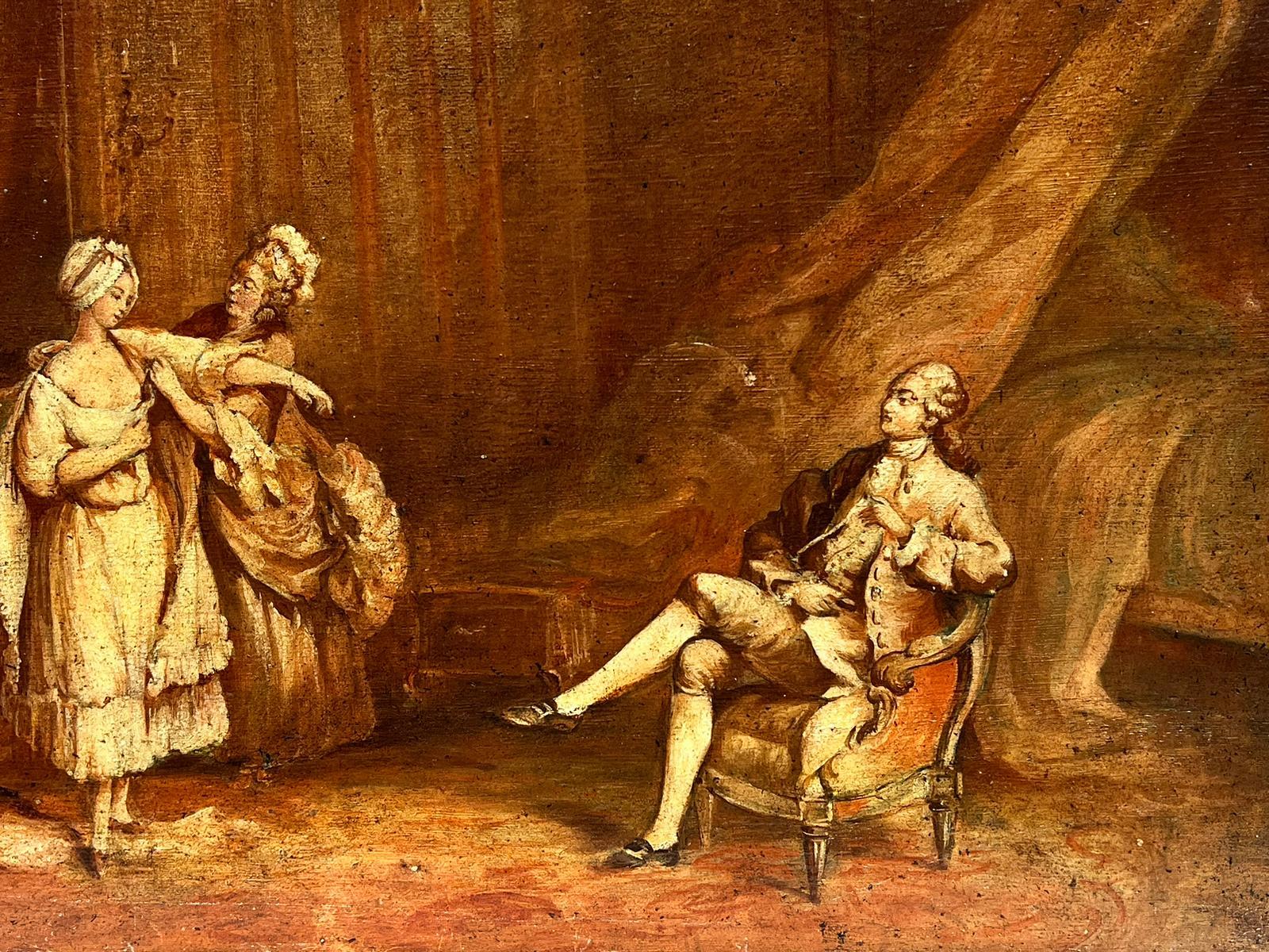 Peinture à l'huile française des années 1800 - Élégante période rococo - Figures d'intérieur - habillage de la dame - Rococo Painting par French Rococo