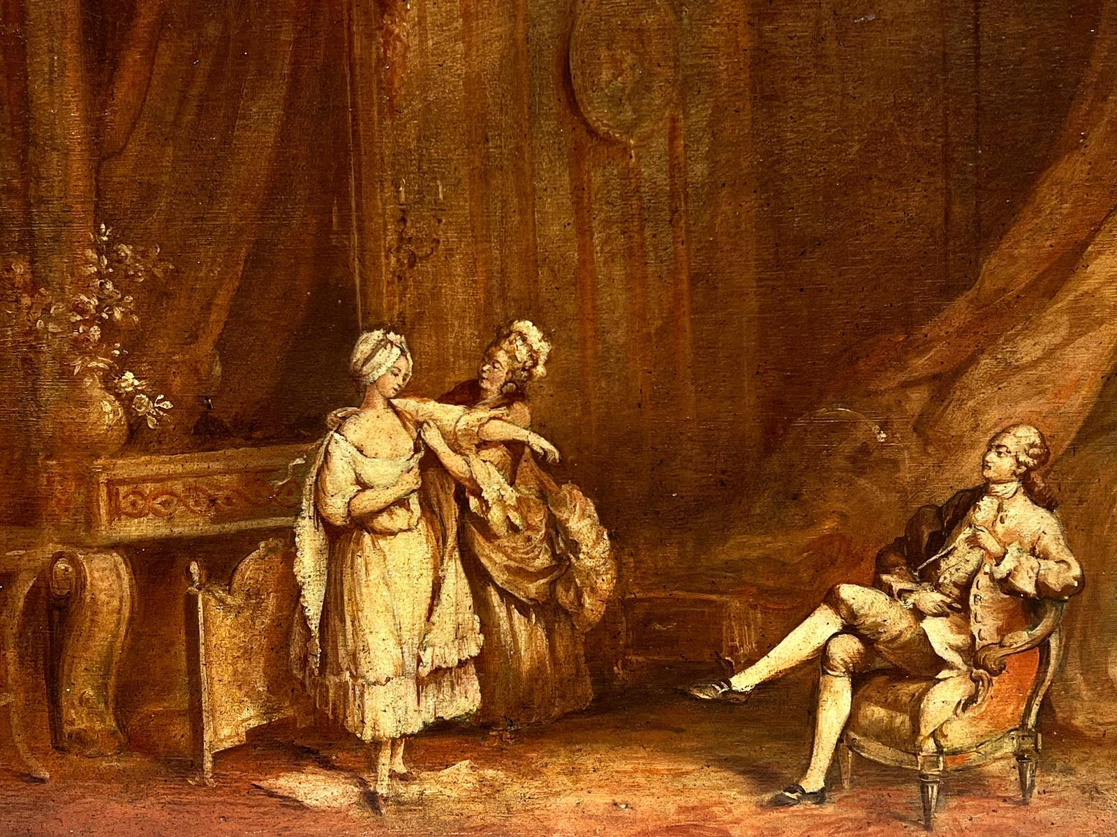 Trying on the Latest Dress
French School, circa 1800
oil painting on canvas, unframed
canvas: 19 x 24 inches
the painting is in overall very good and sound condition
provenance: private collection, England