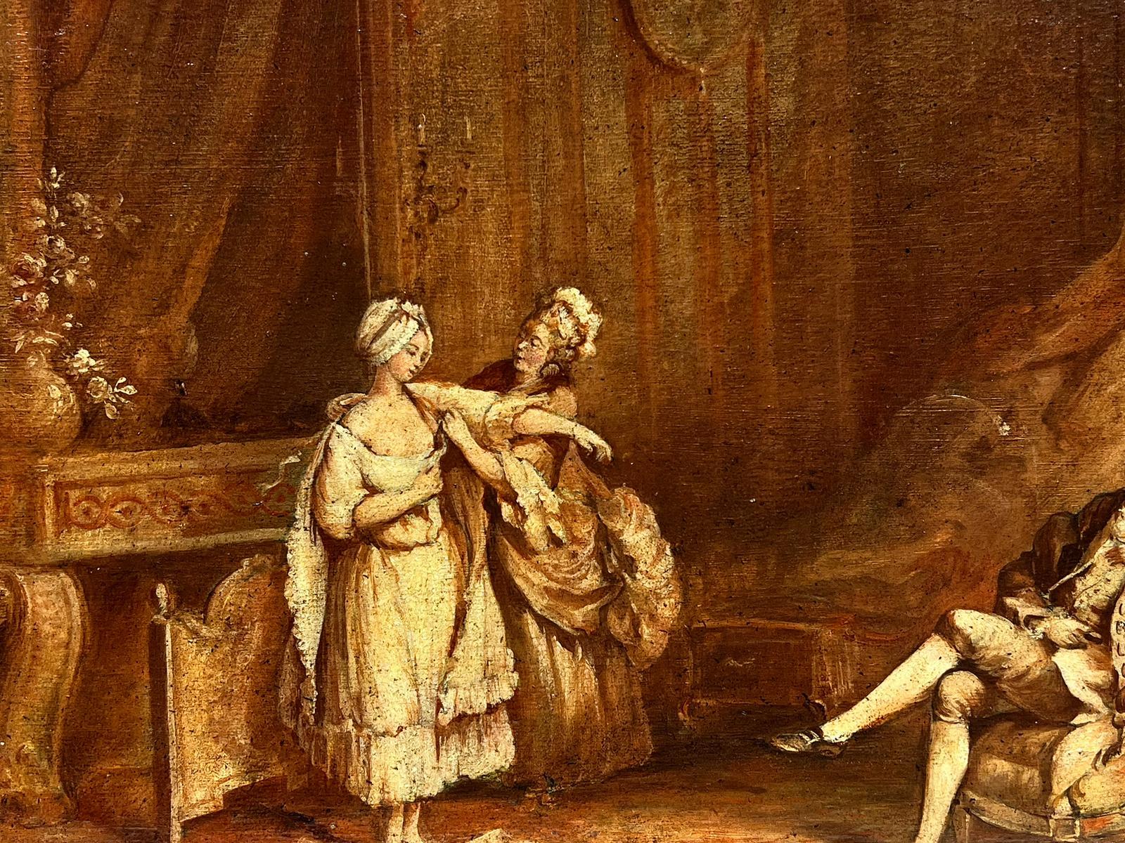Peinture à l'huile française des années 1800 - Élégante période rococo - Figures d'intérieur - habillage de la dame en vente 1