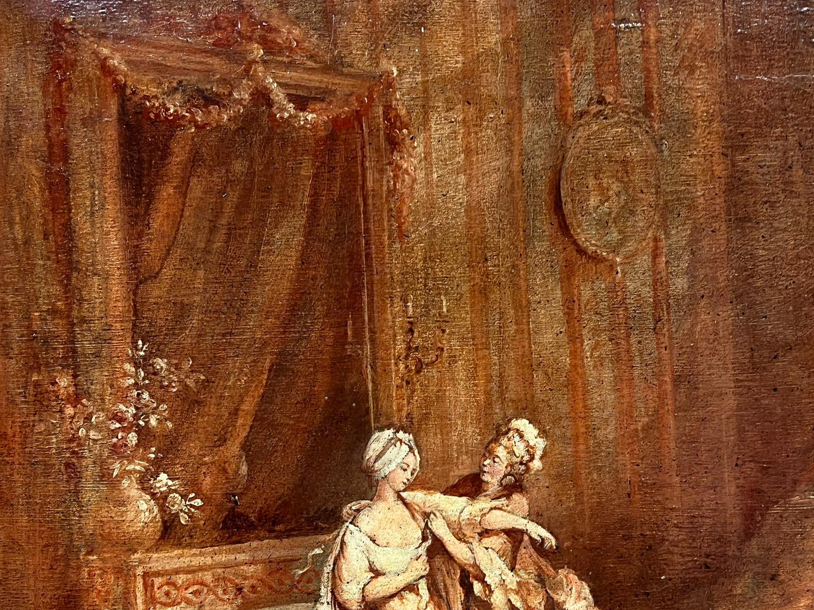 Peinture à l'huile française des années 1800 - Élégante période rococo - Figures d'intérieur - habillage de la dame en vente 2