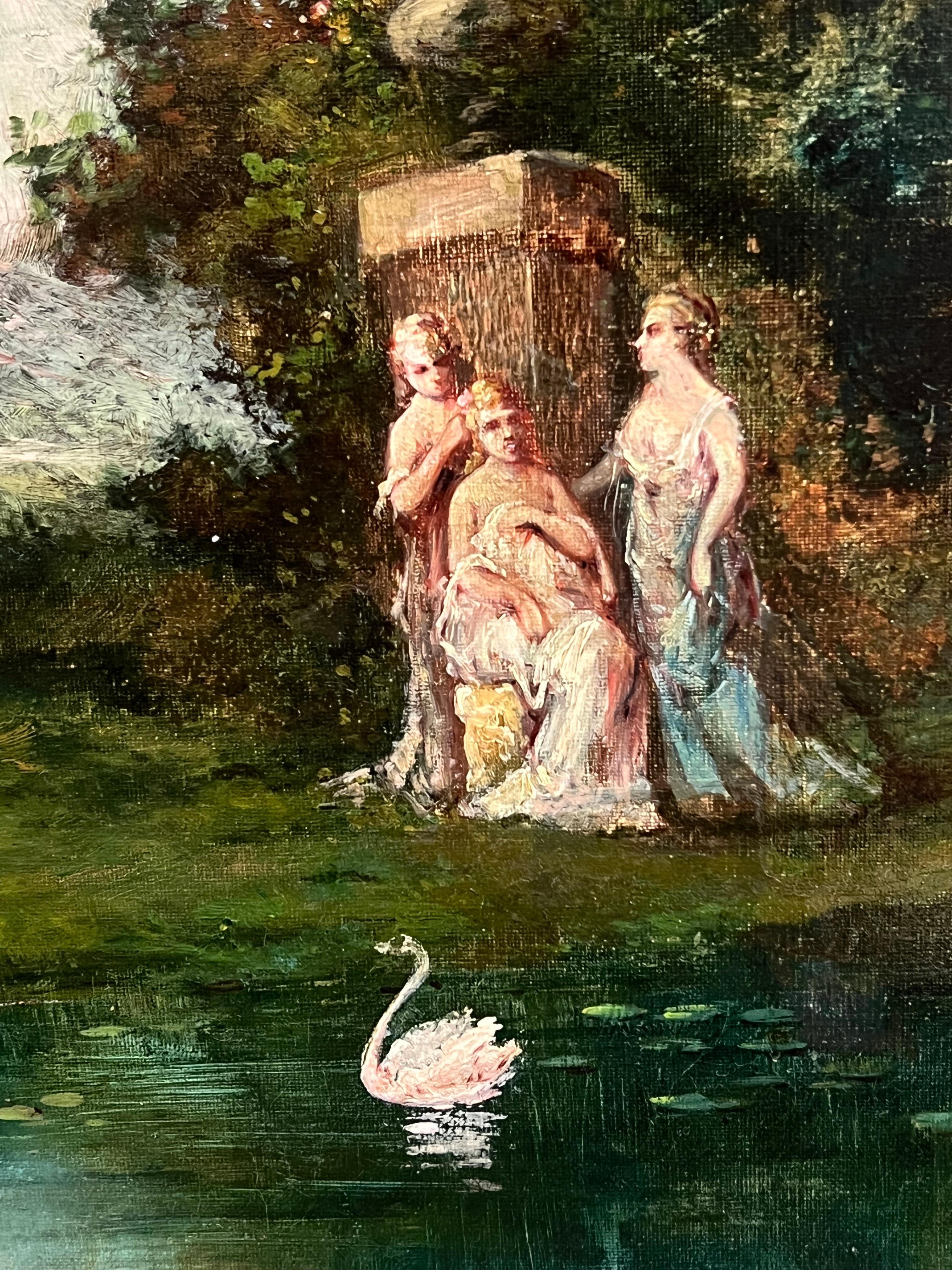 Antique French Oil Figure classiche in un paesaggio boschivo romantico e cigni in vendita 5