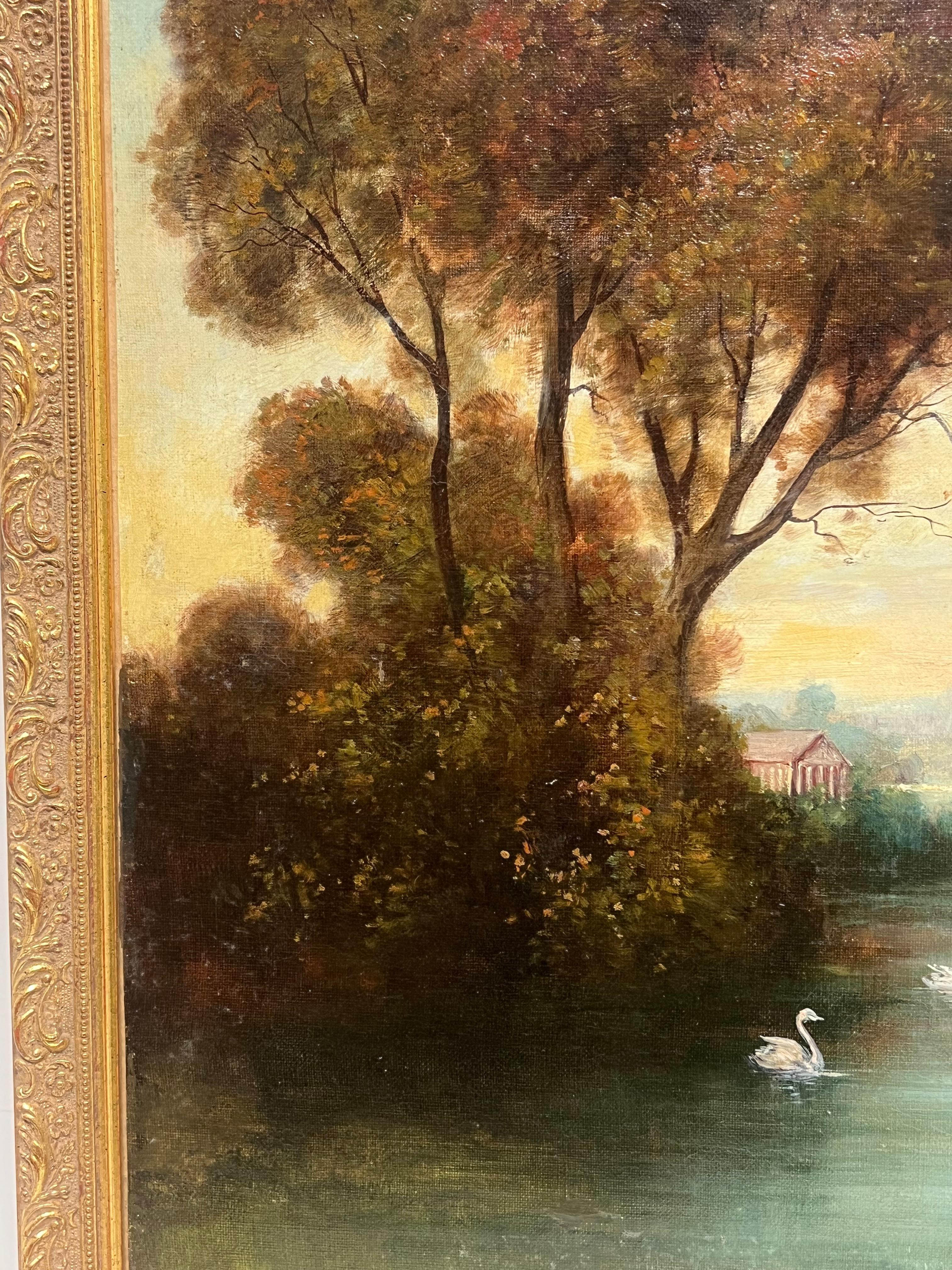 Antique French Oil Figure classiche in un paesaggio boschivo romantico e cigni in vendita 5