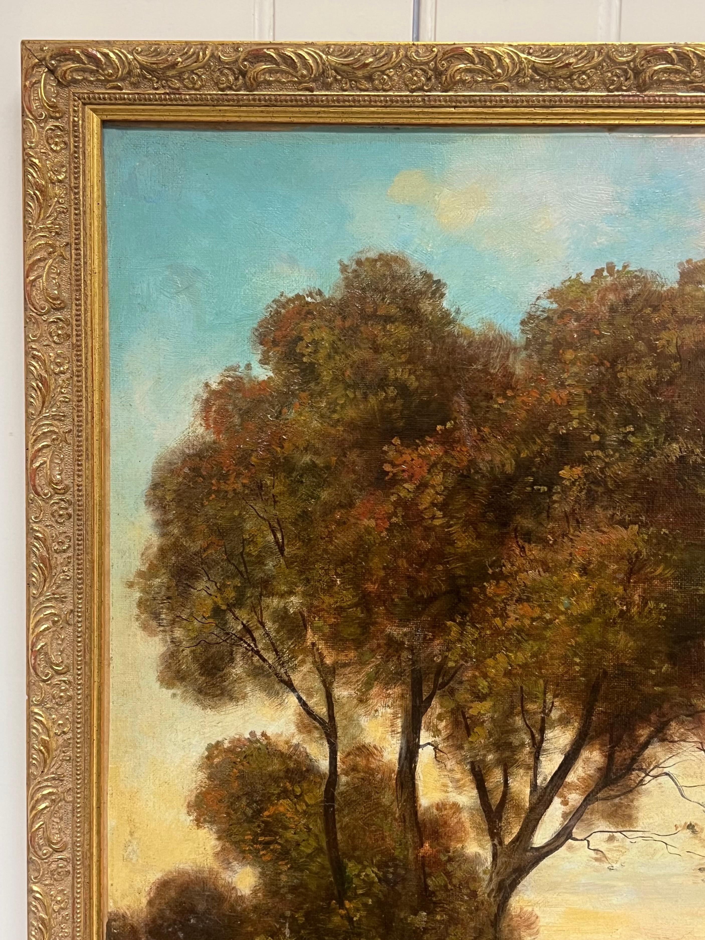 Antique French Oil Figure classiche in un paesaggio boschivo romantico e cigni in vendita 6