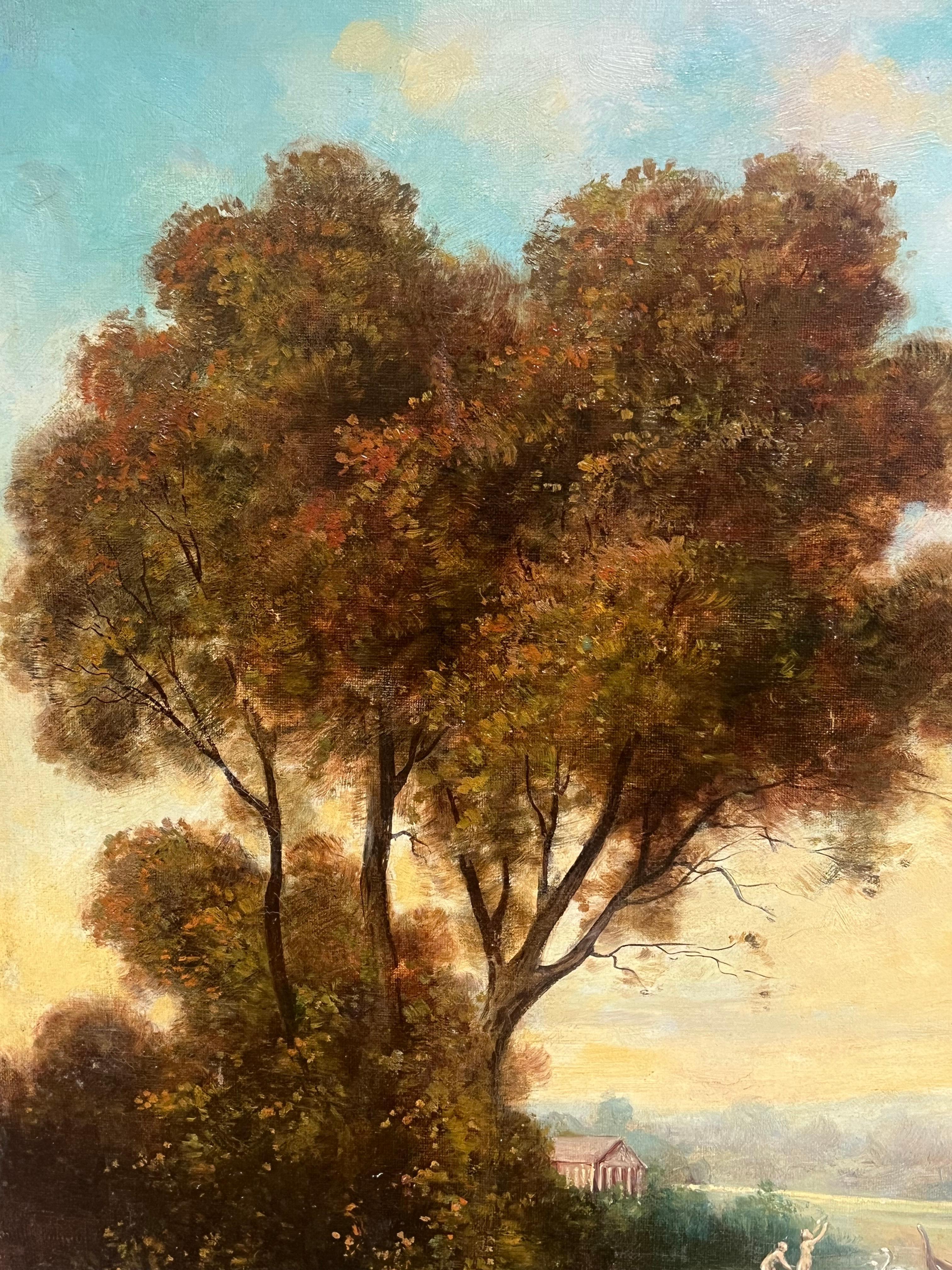 Antique French Oil Figure classiche in un paesaggio boschivo romantico e cigni in vendita 7