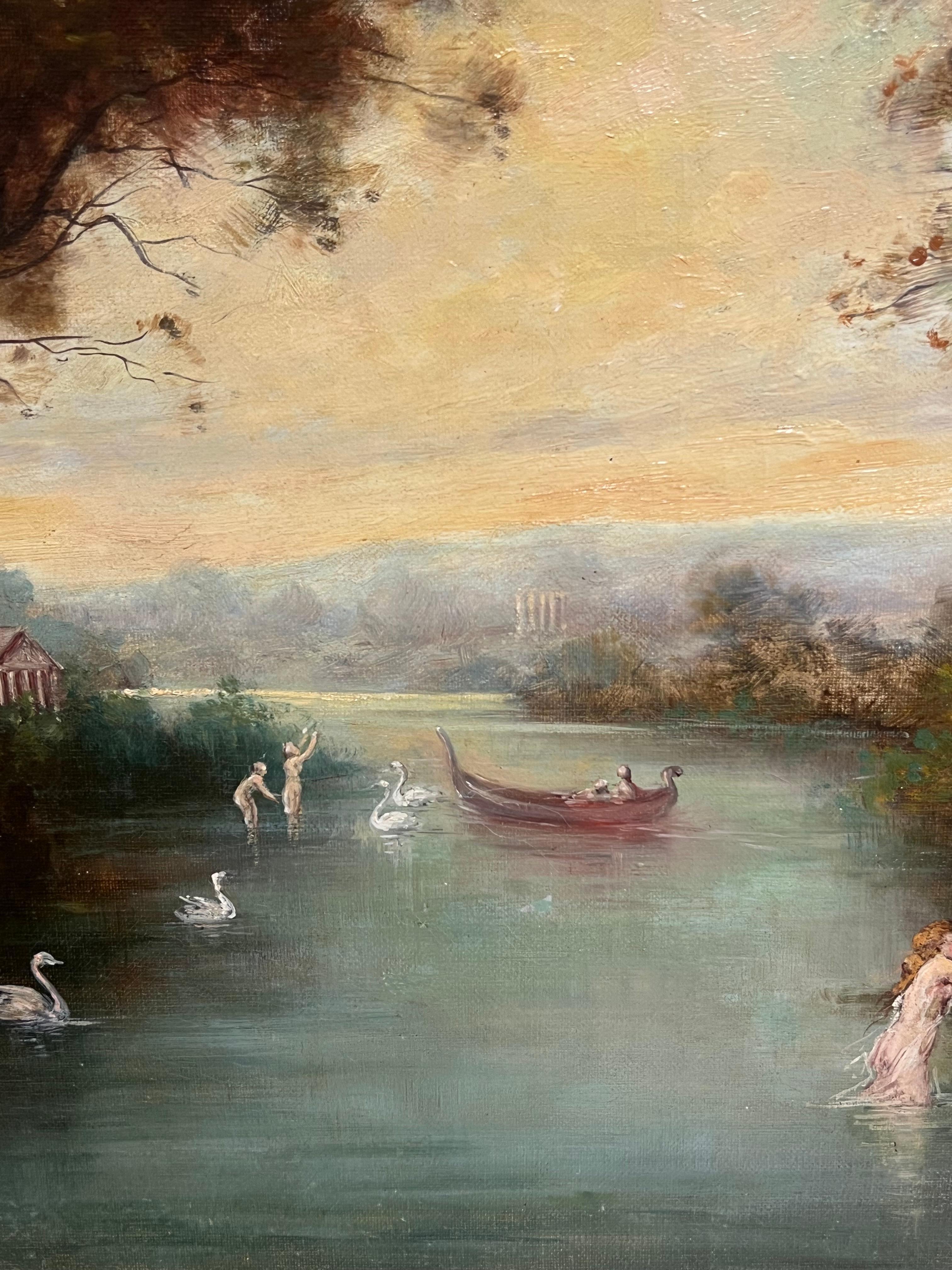 Antique French Oil Figure classiche in un paesaggio boschivo romantico e cigni in vendita 8