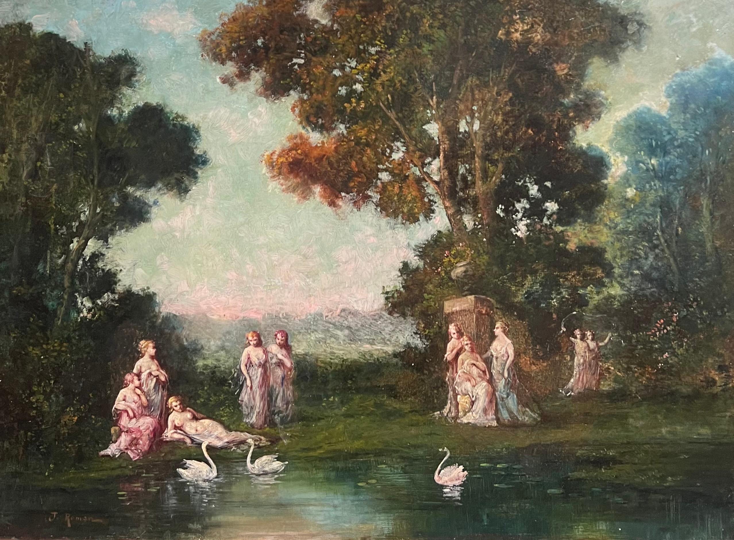 Antique French Oil Figure classiche in un paesaggio boschivo romantico e cigni - Painting di Unknown