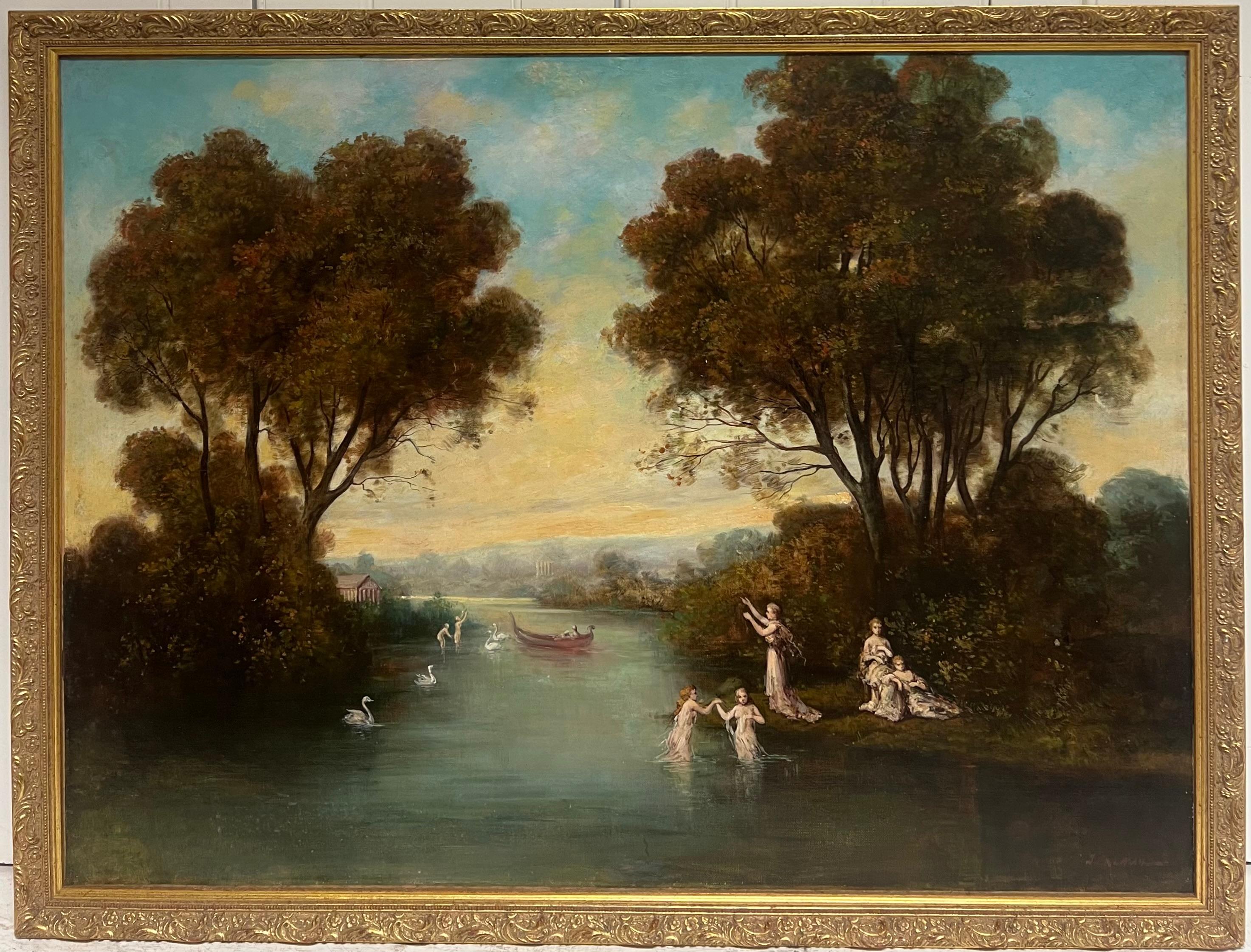 Antique French Oil Figure classiche in un paesaggio boschivo romantico e cigni - Painting di Unknown