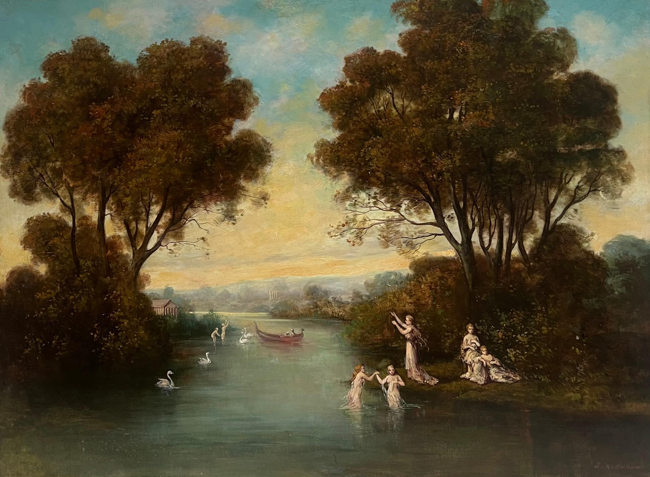 Antique French Oil Figure classiche in un paesaggio boschivo romantico e cigni - Painting Rococò di Unknown