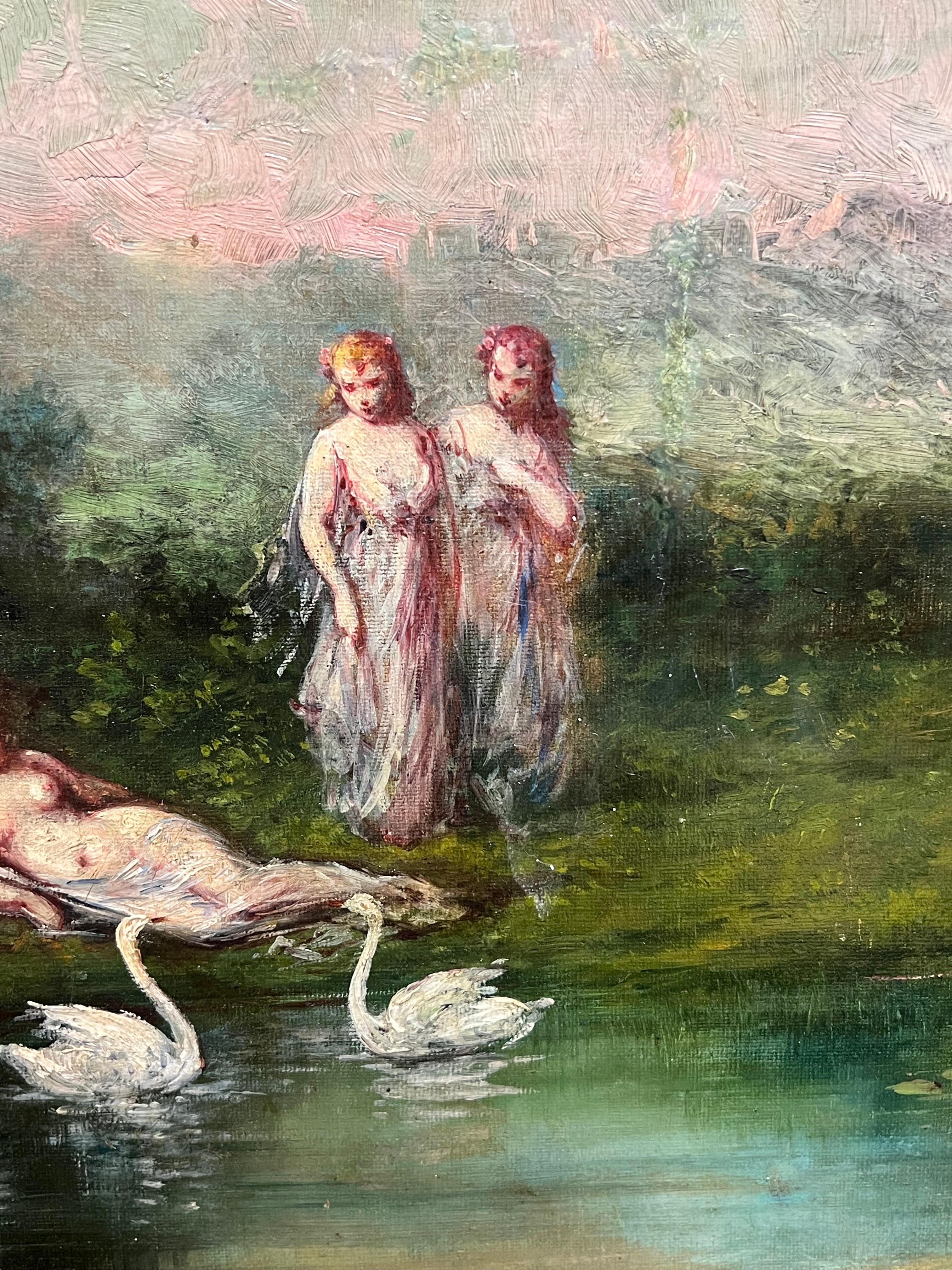 Antique French Oil Figure classiche in un paesaggio boschivo romantico e cigni - Landscape Painting Nero di Unknown