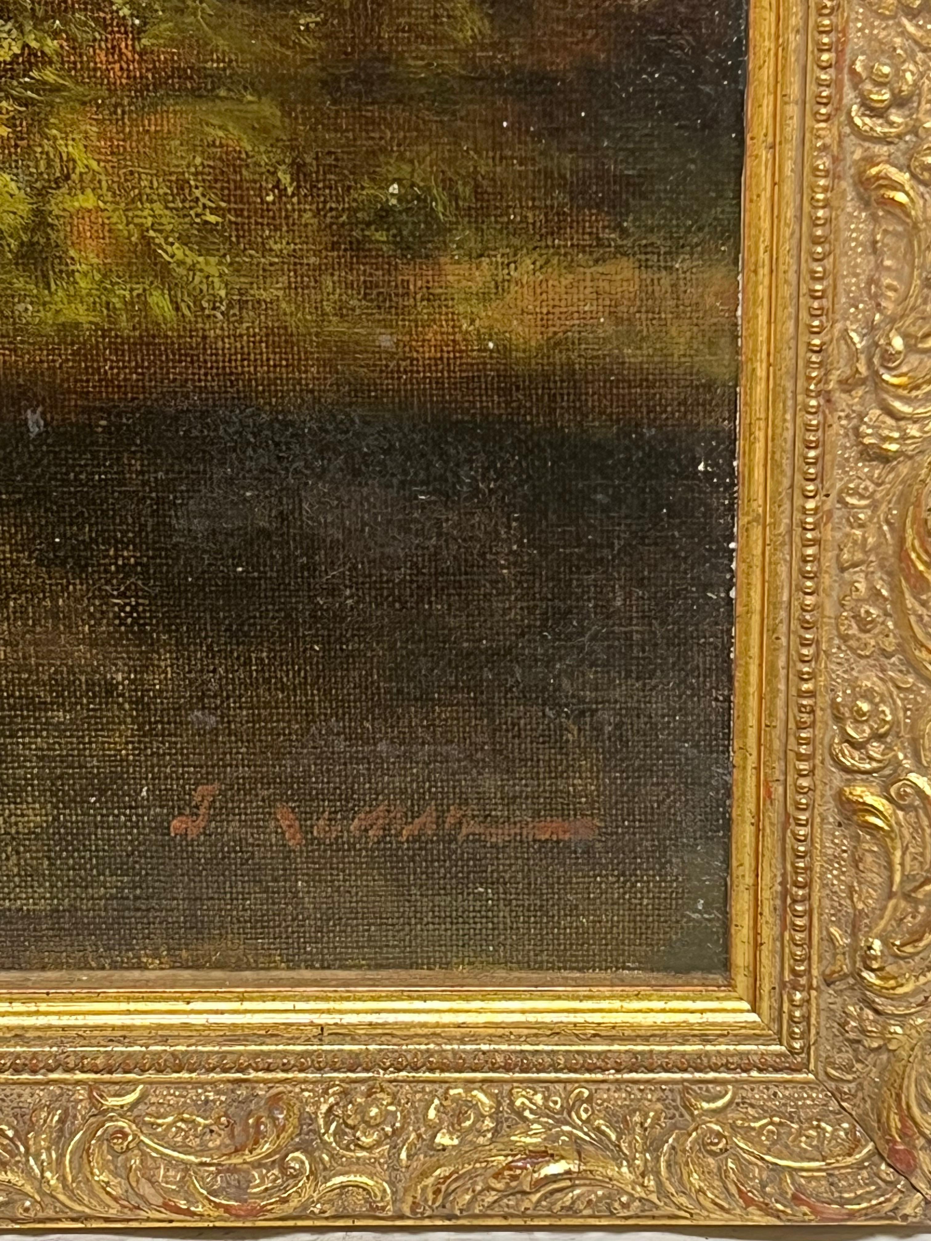 Antique French Oil Figure classiche in un paesaggio boschivo romantico e cigni - Figurative Painting Marrone di Unknown