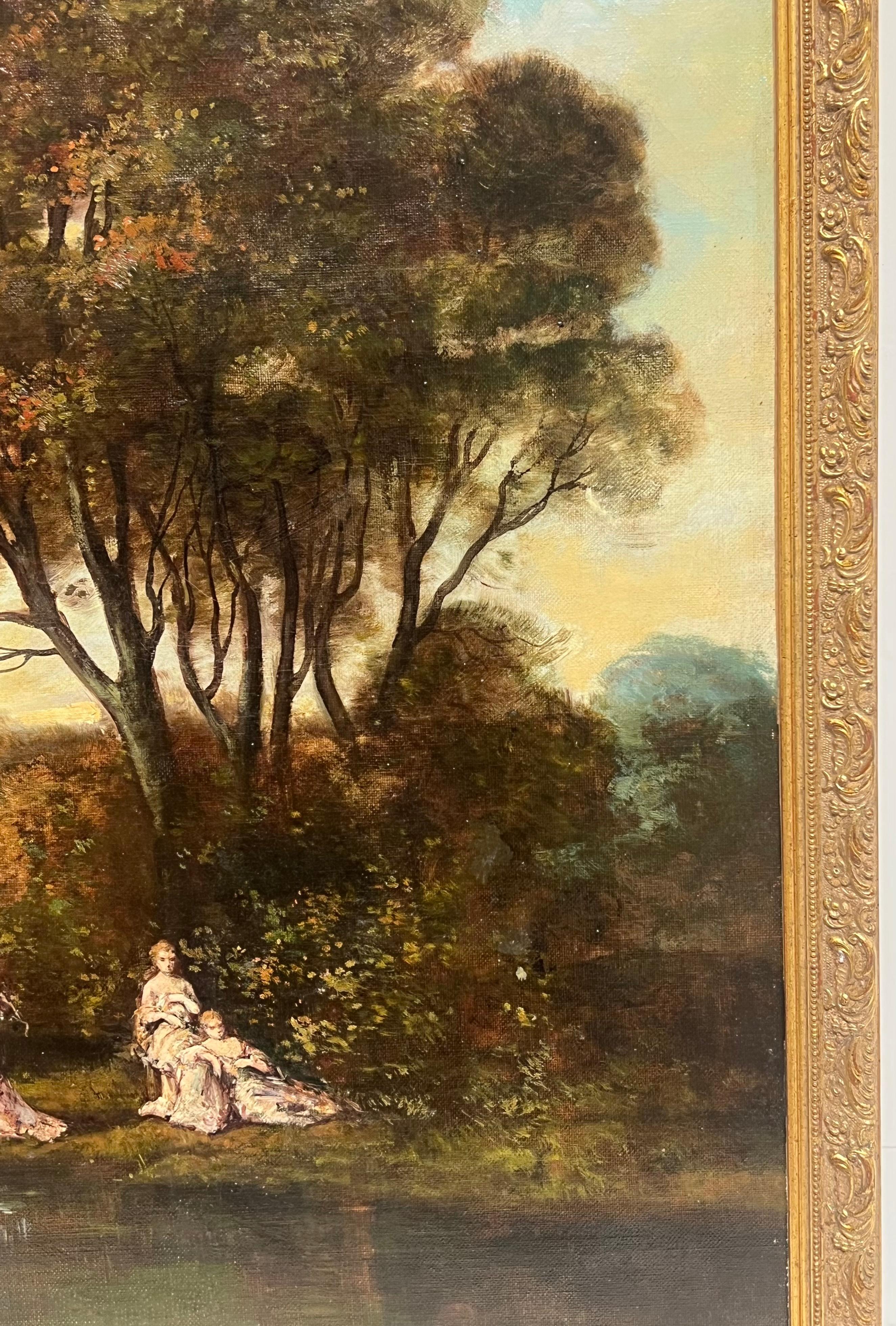 Antique French Oil Figure classiche in un paesaggio boschivo romantico e cigni in vendita 1