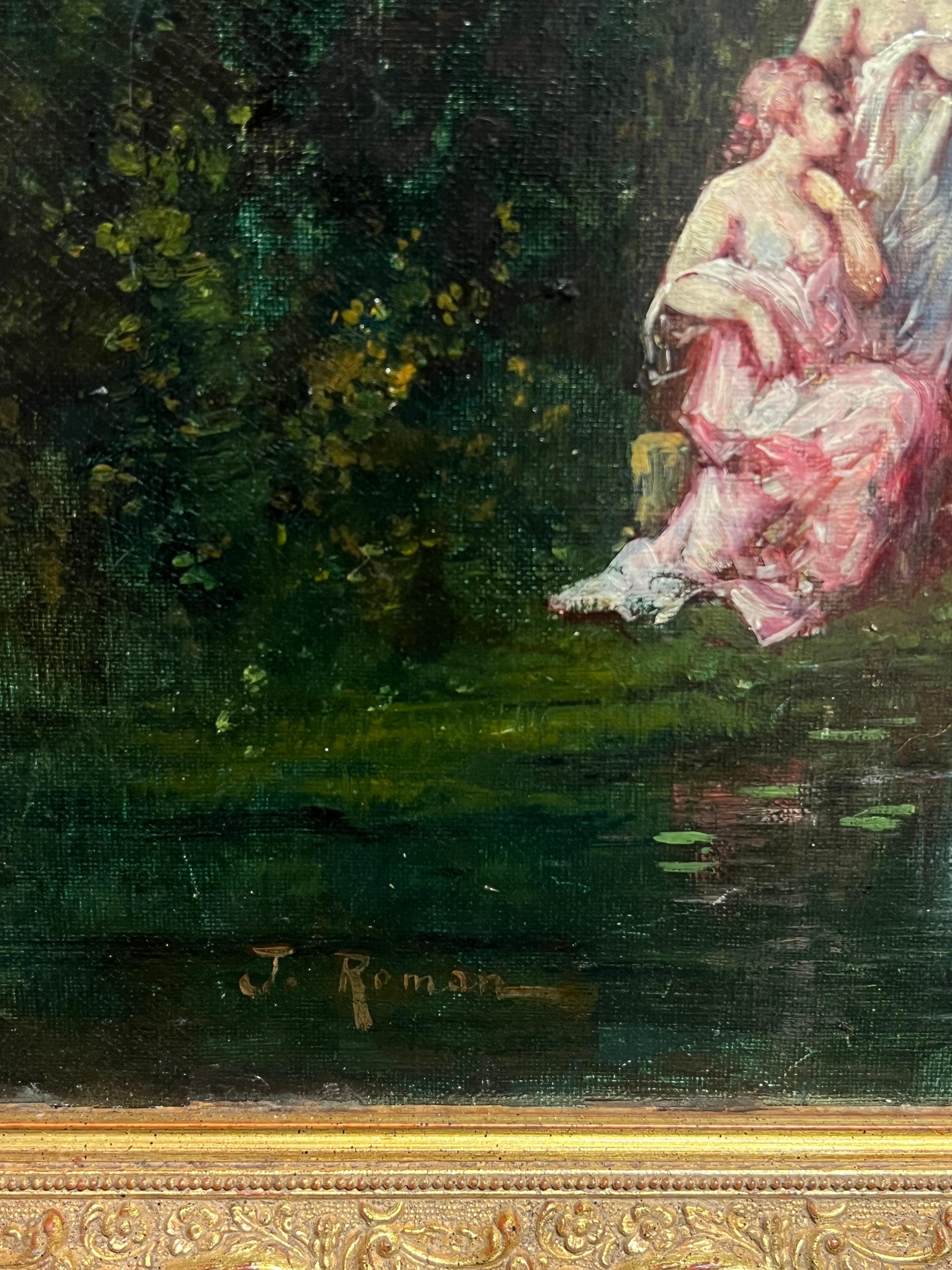 Antique French Oil Figure classiche in un paesaggio boschivo romantico e cigni in vendita 2