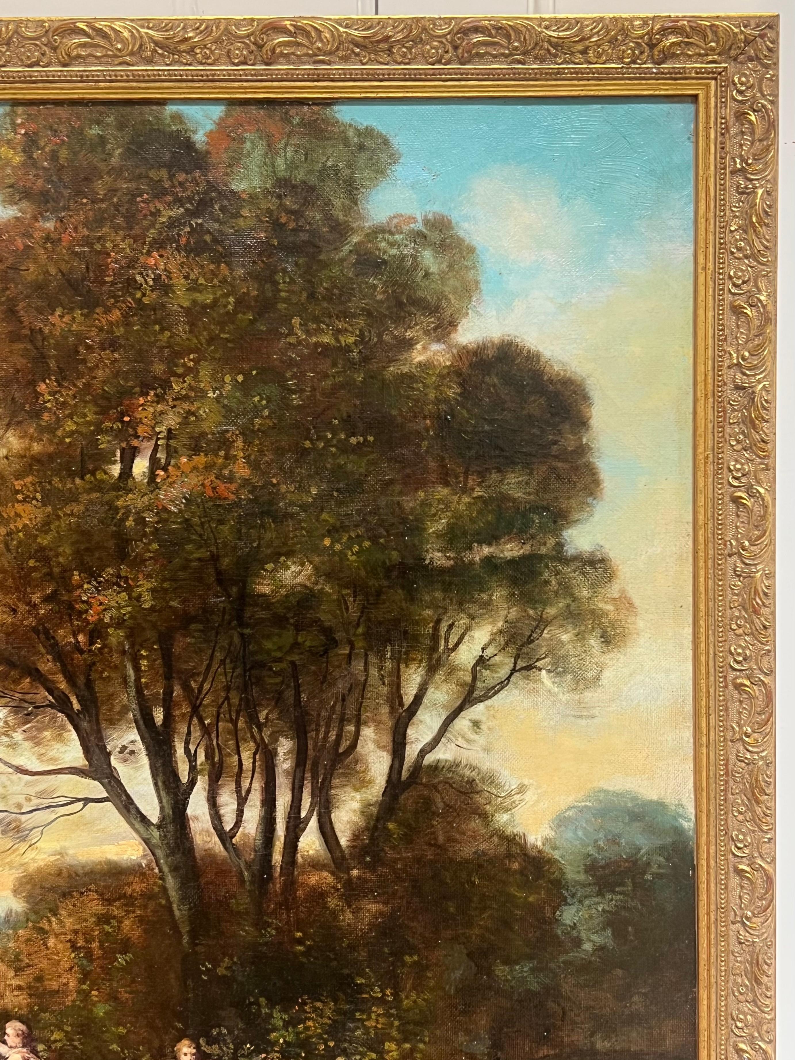 Antique French Oil Figure classiche in un paesaggio boschivo romantico e cigni in vendita 2