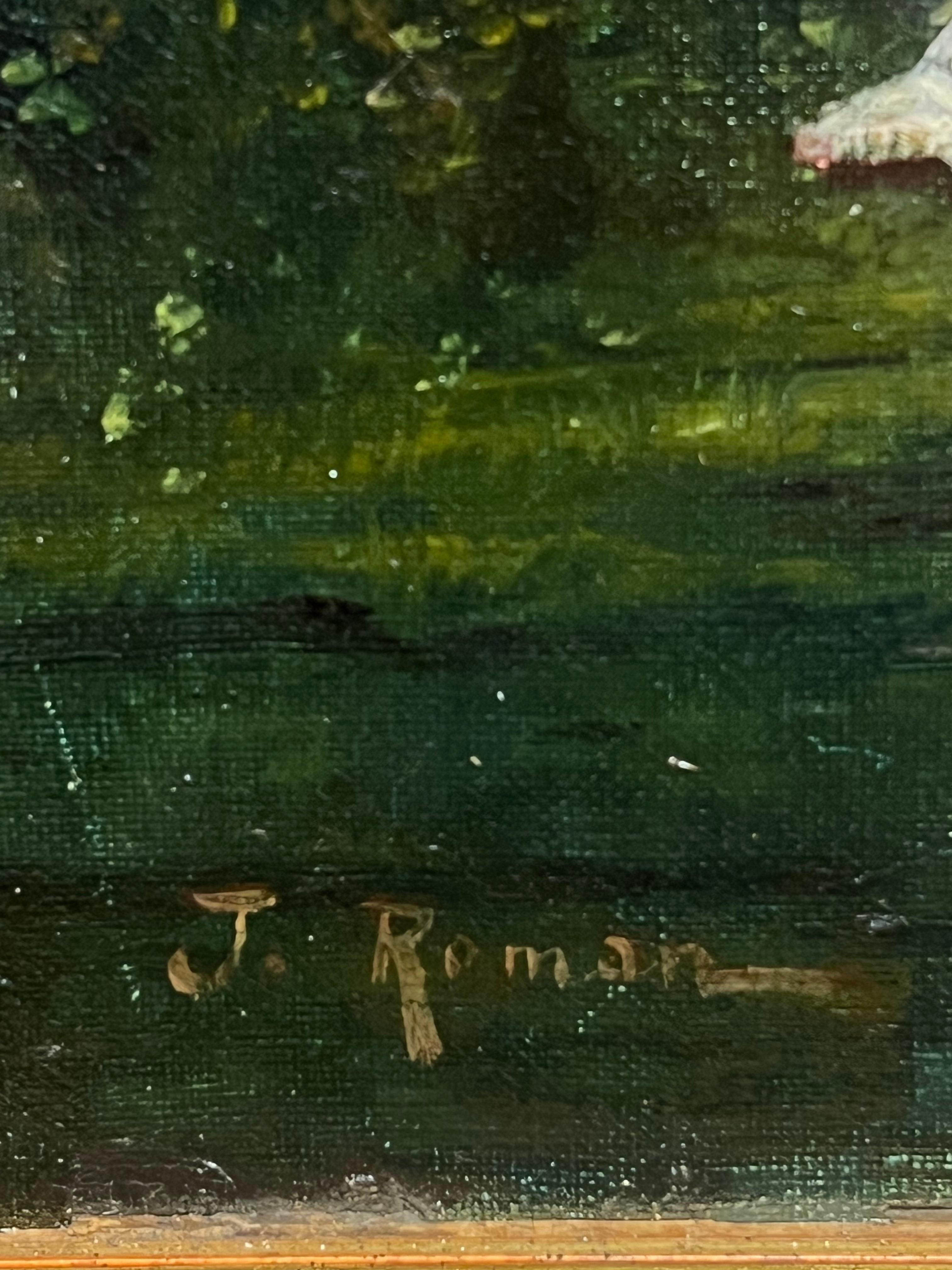 Antique French Oil Figure classiche in un paesaggio boschivo romantico e cigni in vendita 3