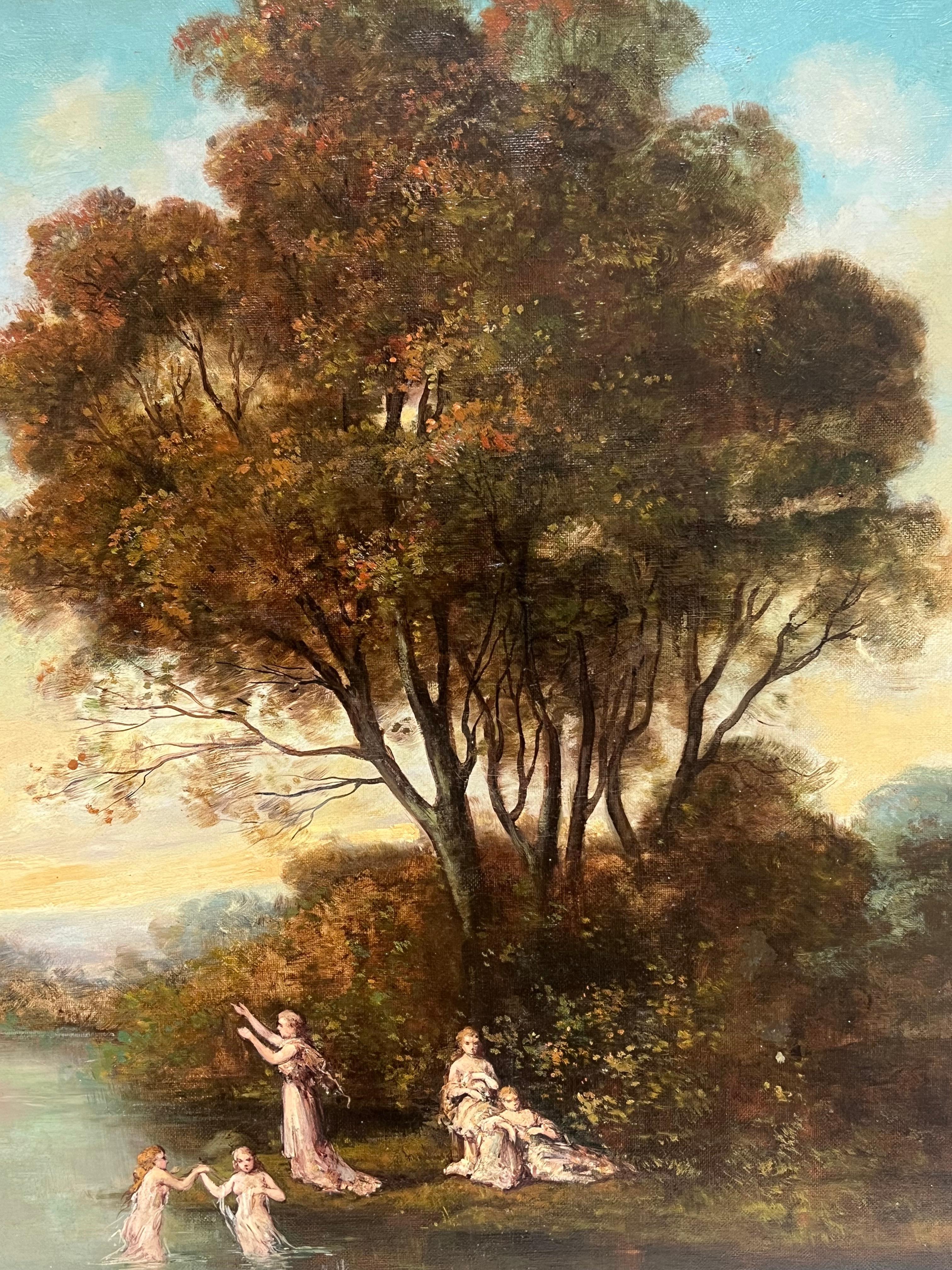 Antique French Oil Figure classiche in un paesaggio boschivo romantico e cigni in vendita 3