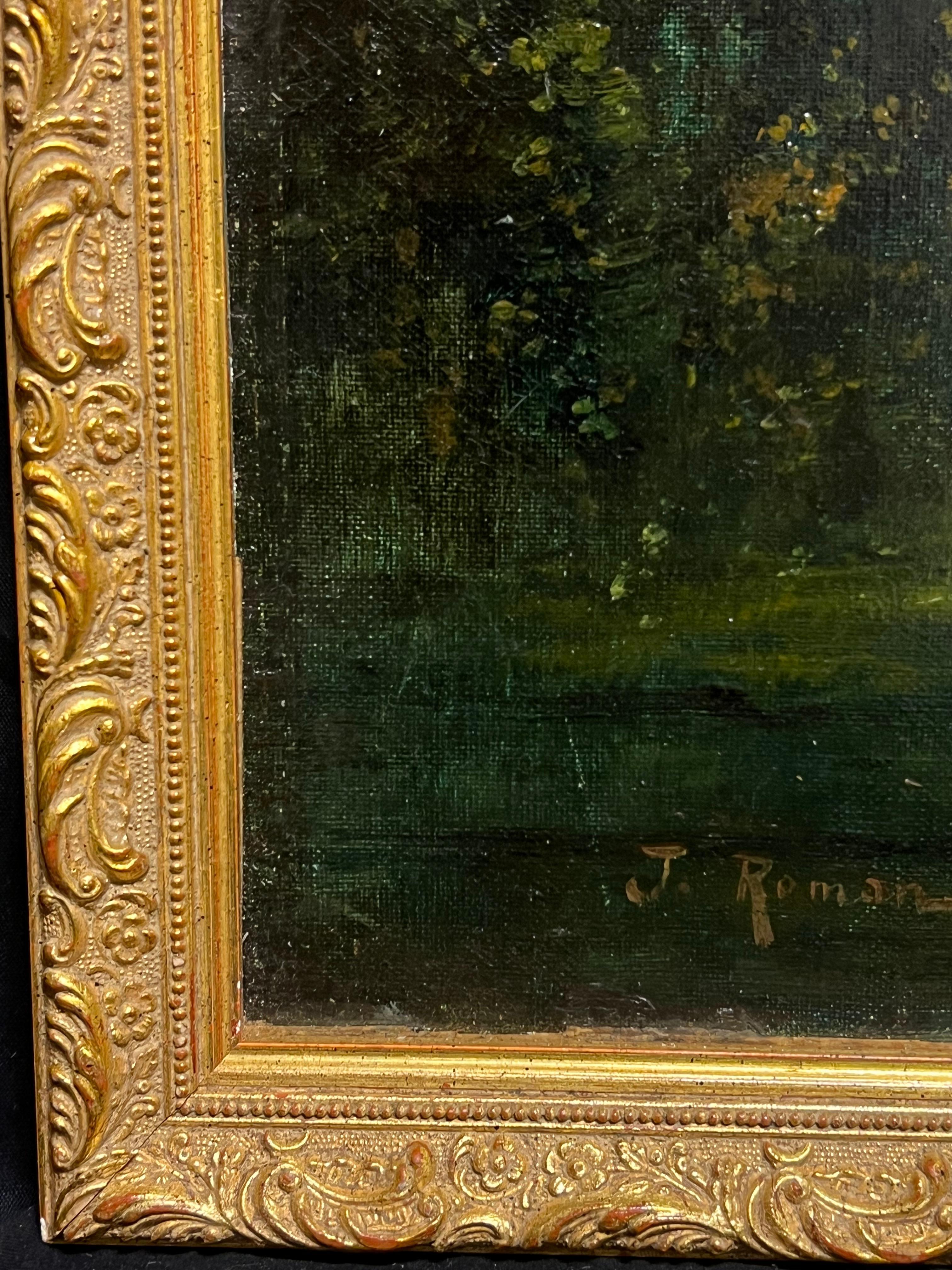 Antique French Oil Figure classiche in un paesaggio boschivo romantico e cigni in vendita 4