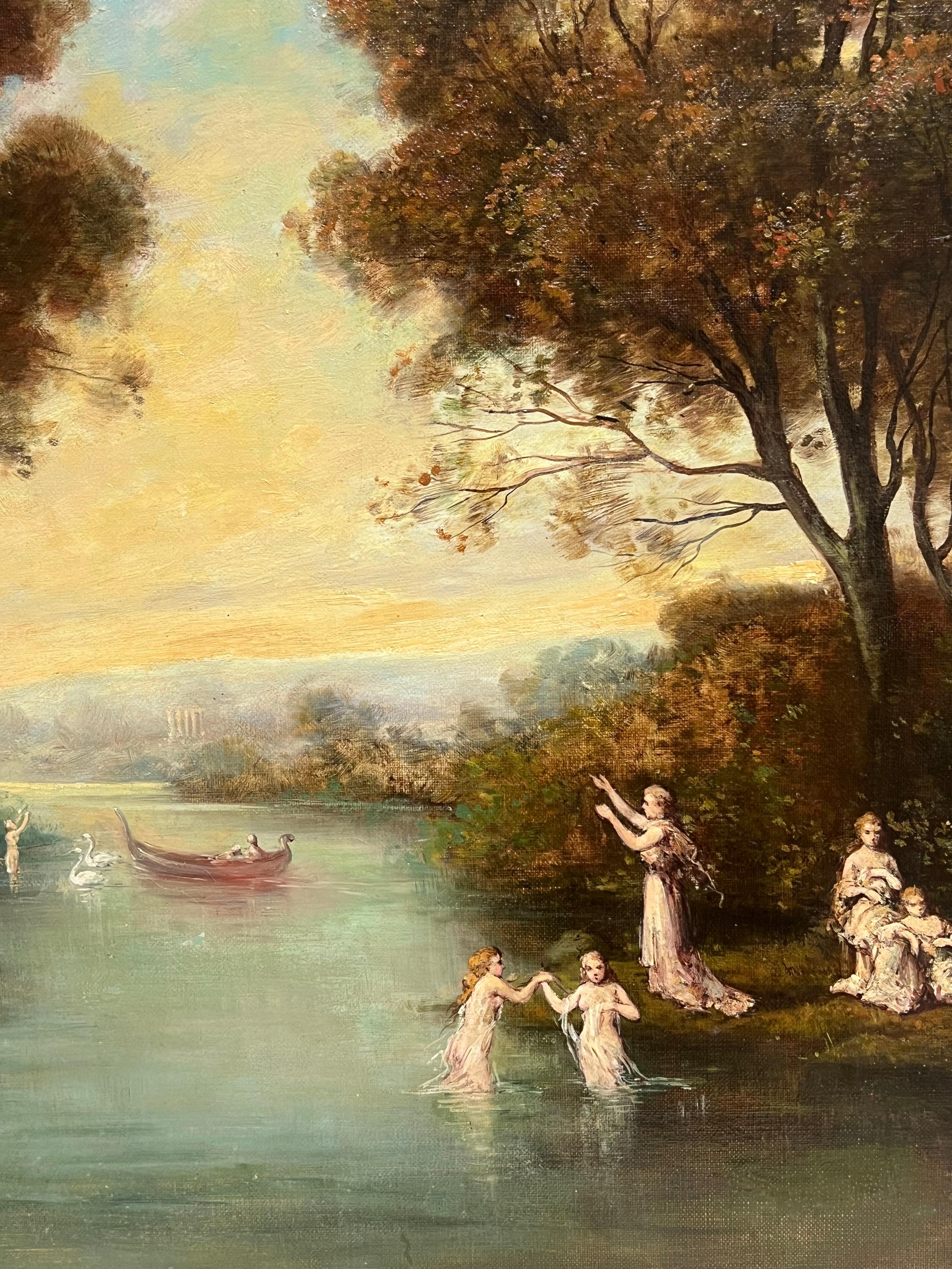 Antique French Oil Figure classiche in un paesaggio boschivo romantico e cigni in vendita 4