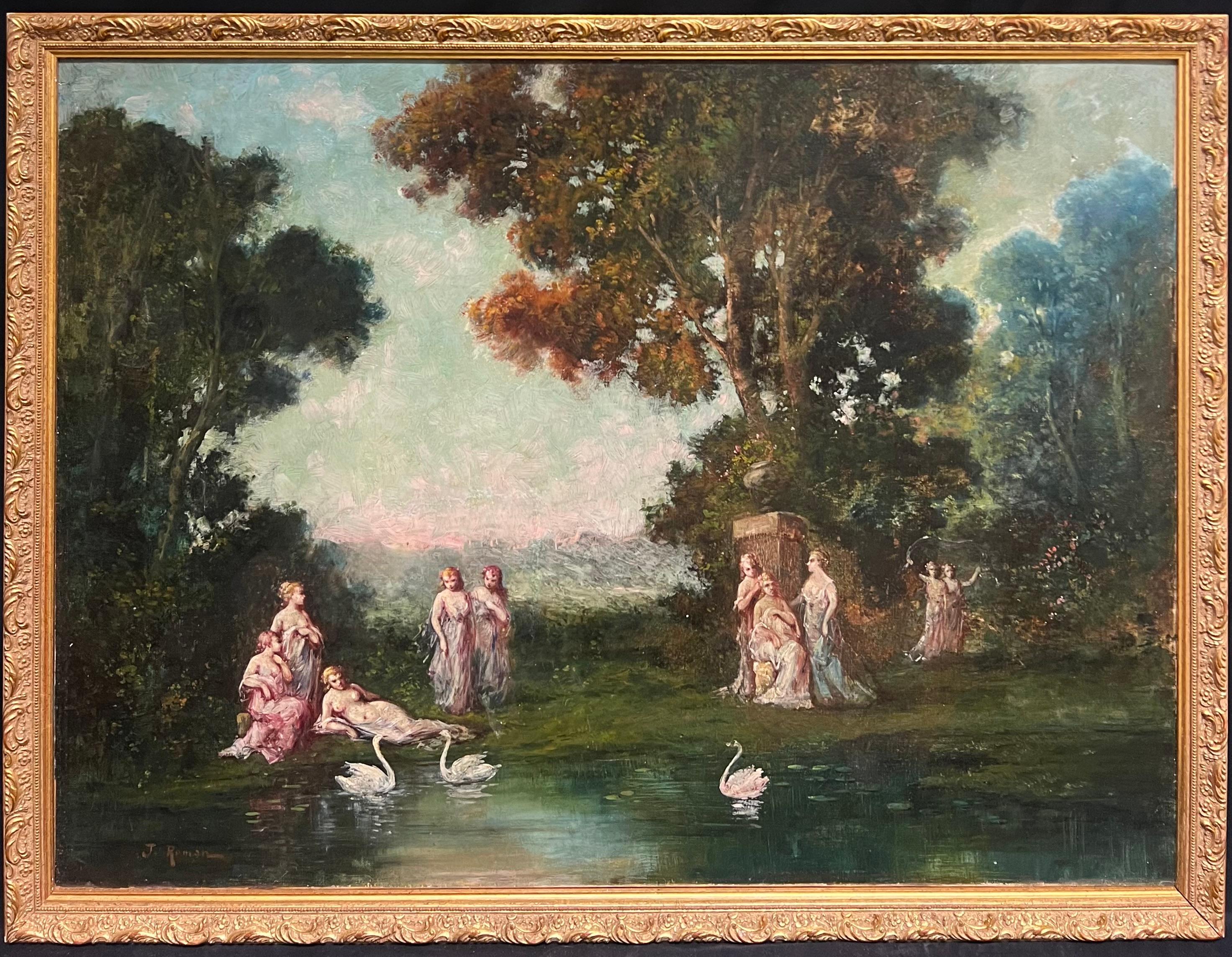 Antique French Óleo Figuras clásicas en un paisaje boscoso romántico y cisnes