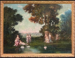 Antique French Oil Classical Figures in a Romantic Woodland Landscape & Swans