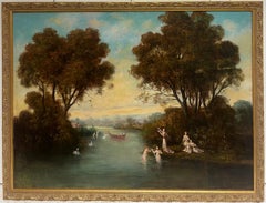 Antique French Oil Classical Figures in a Romantic Woodland Landscape & Swans