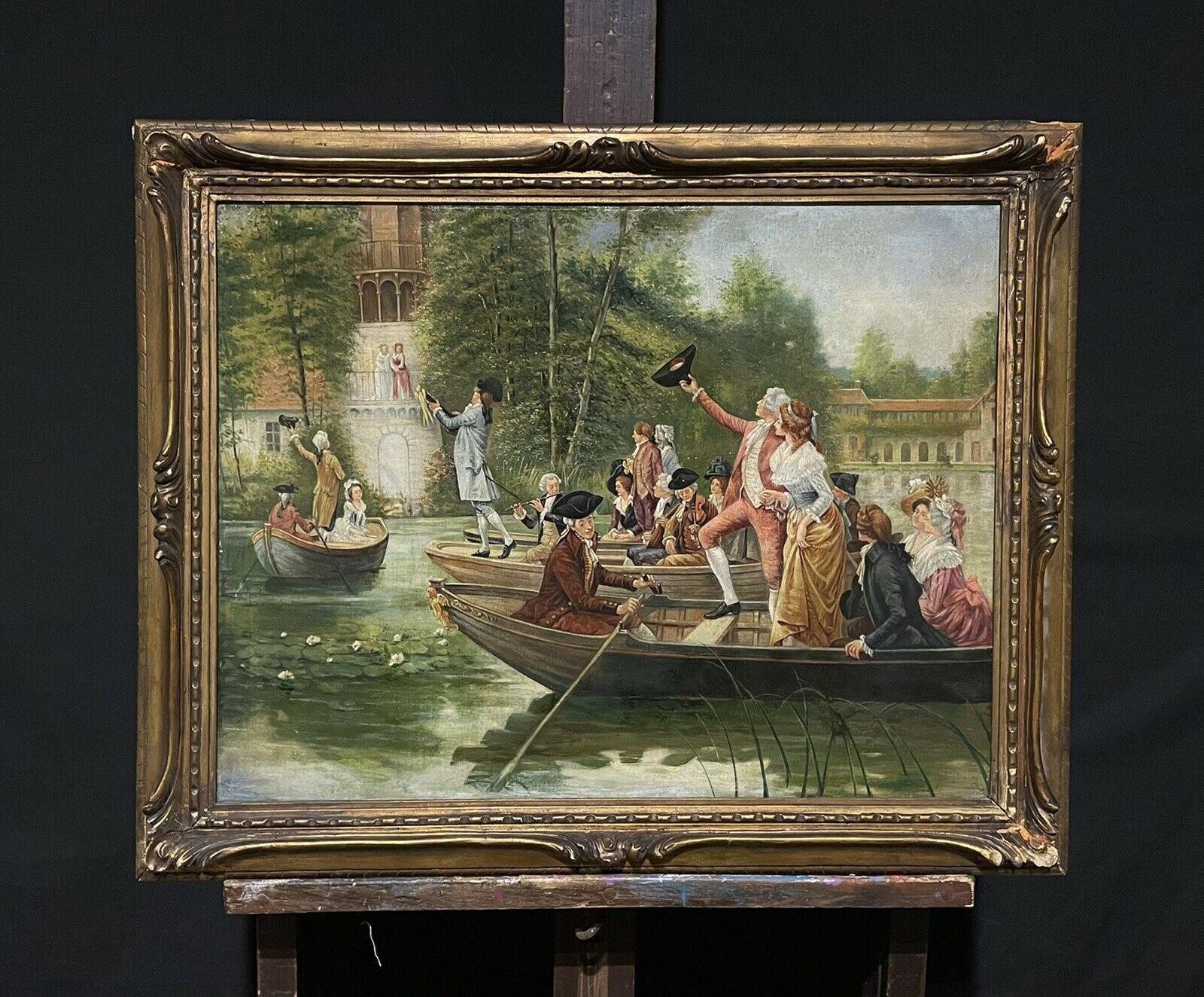 Antique French Oil Elegant Figures Boating Party on River beside Grand Buildings - Painting by French Rococo
