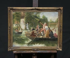 Antique French Oil Elegant Figures Boating Party on River beside Grand Buildings