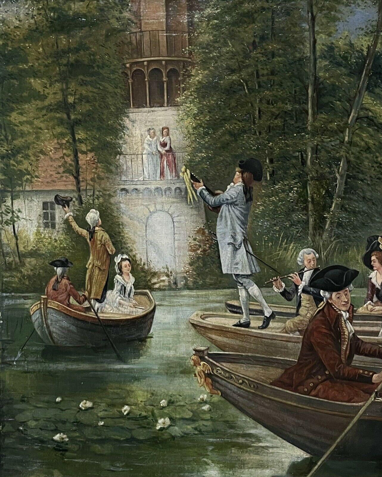 Anciennes et élégantes figures de bateaux lors d'une fête navale à côté de grands bâtiments - Baroque Painting par French Rococo