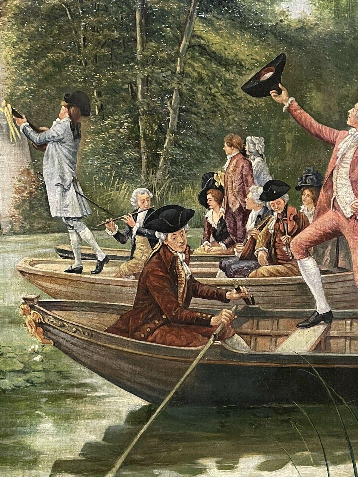 Anciennes et élégantes figures de bateaux lors d'une fête navale à côt�é de grands bâtiments - Gris Landscape Painting par French Rococo