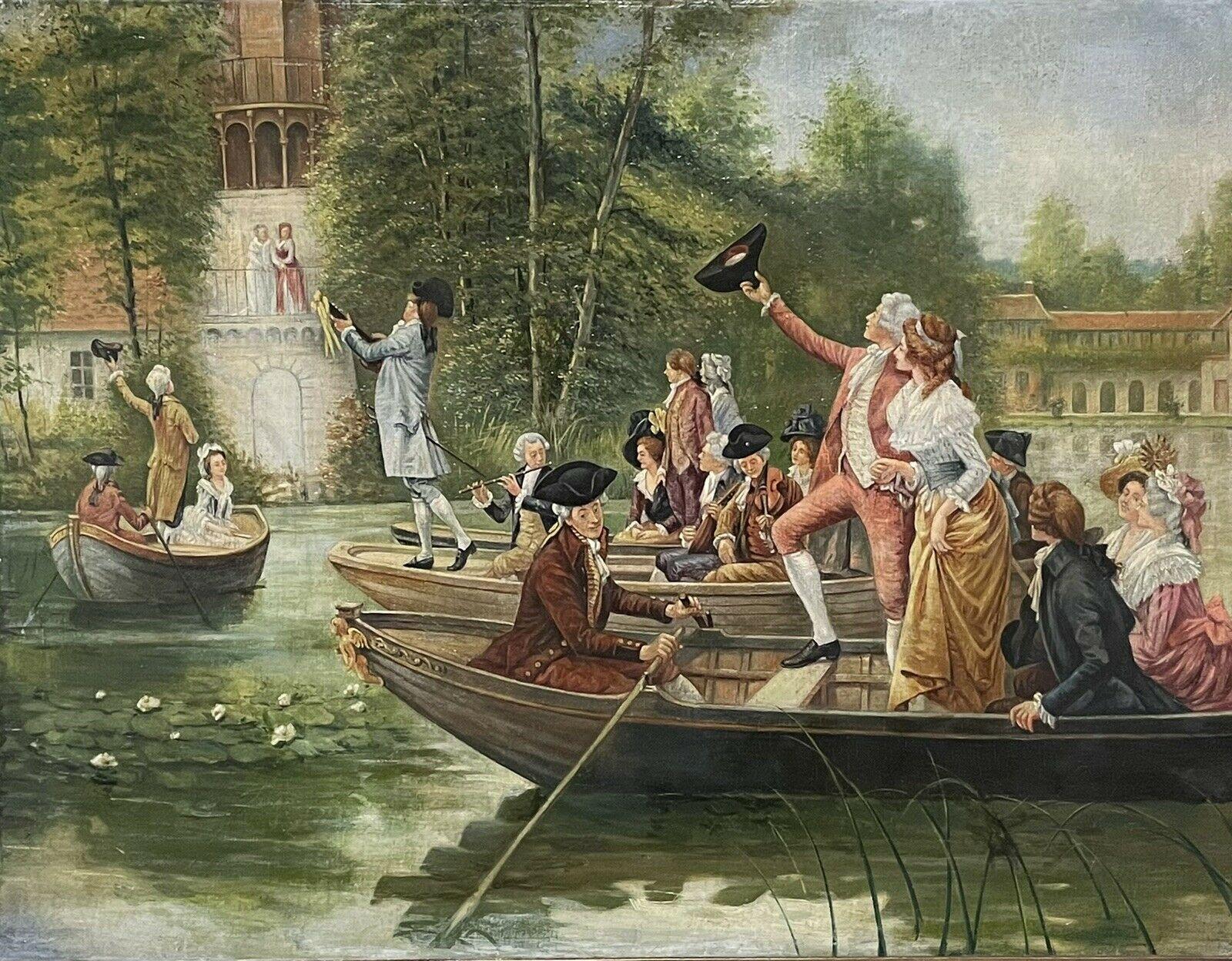 Antique French Oil Elegant Figures Boating Party on River beside Grand Buildings