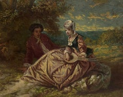 Courting Couple with Musical Instrument Antique French Rococo Period Oil