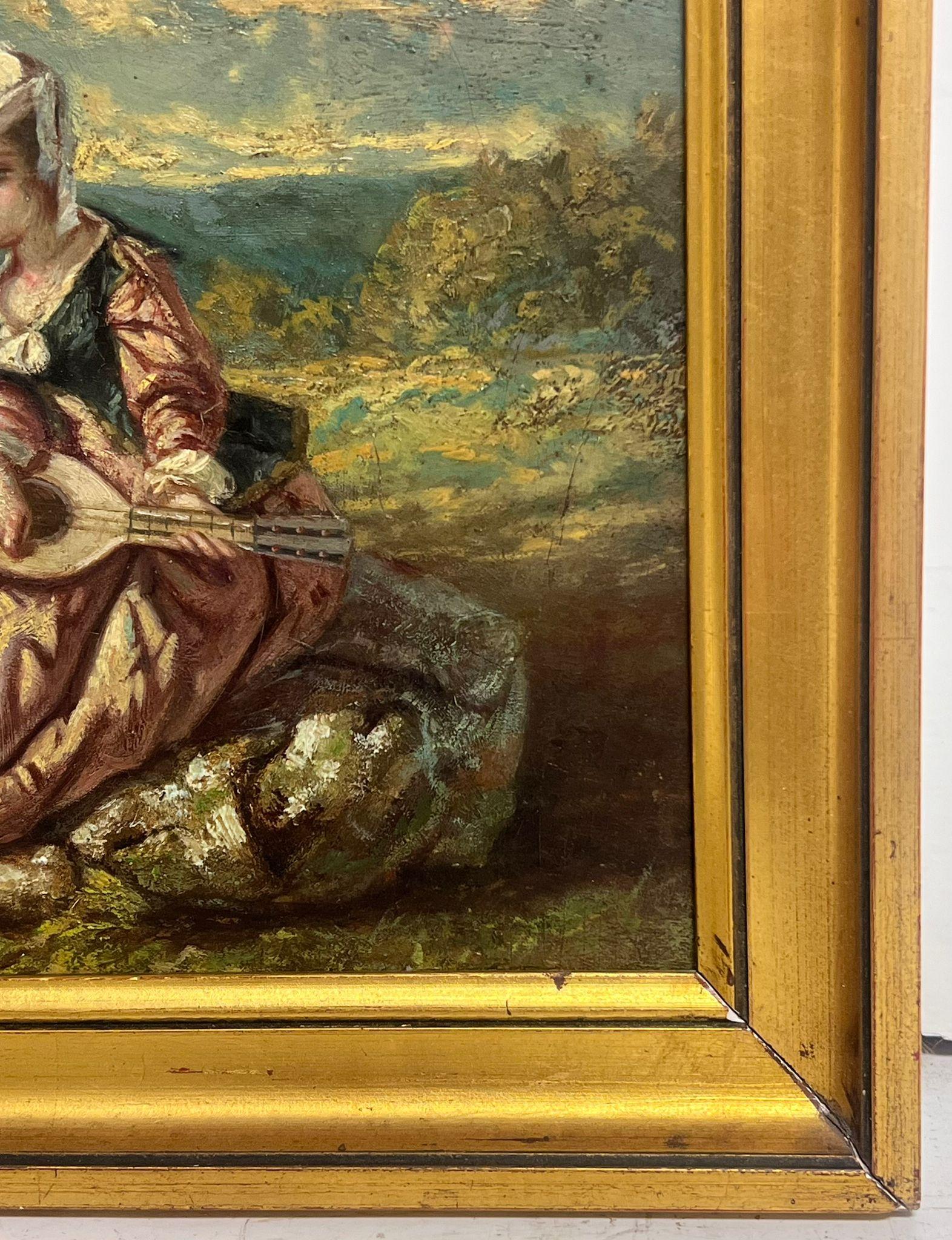 Coppia di corteggiatori con strumento musicale Antique French Rococo Period Oil - Landscape Painting Marrone di Unknown