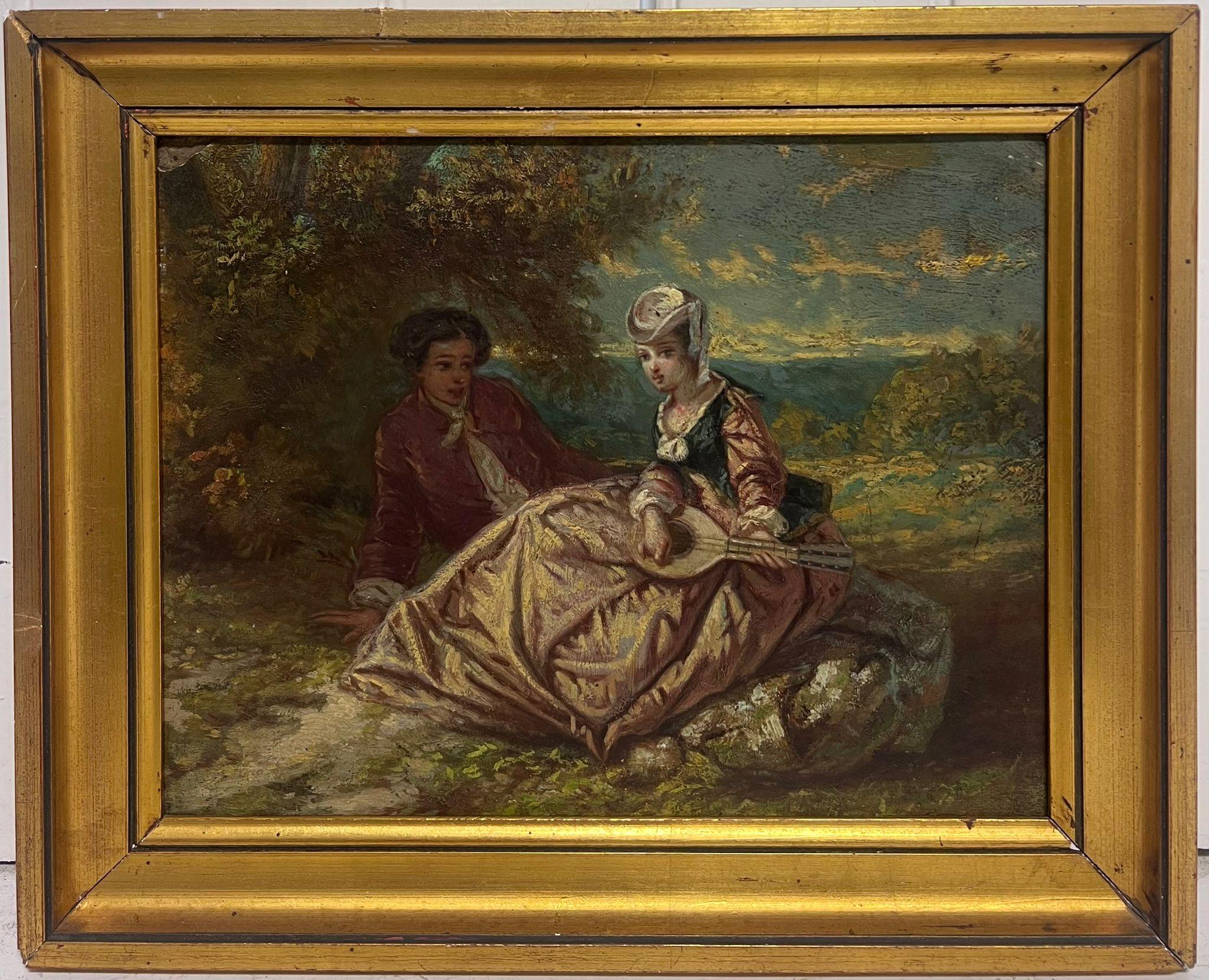 Pareja de novios con instrumento musical Antique French Rococo Period Oil