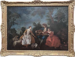 Antique Fine Very Large 18th Century French Rococo Oil Painting Elegant Figures in Park