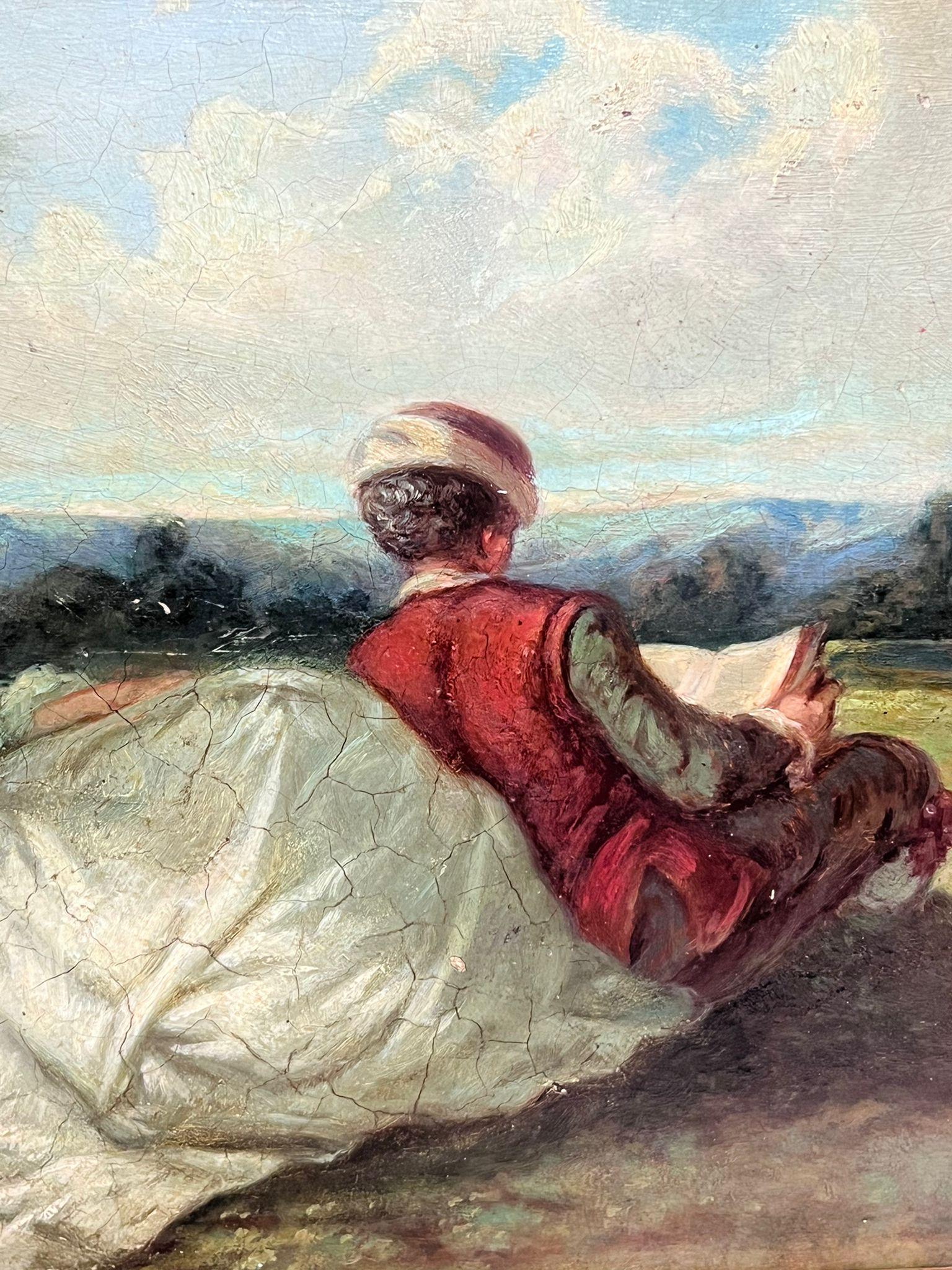 Romantic French Antique Oil Painting Courting Couple Resting Pastoral Landscape 1