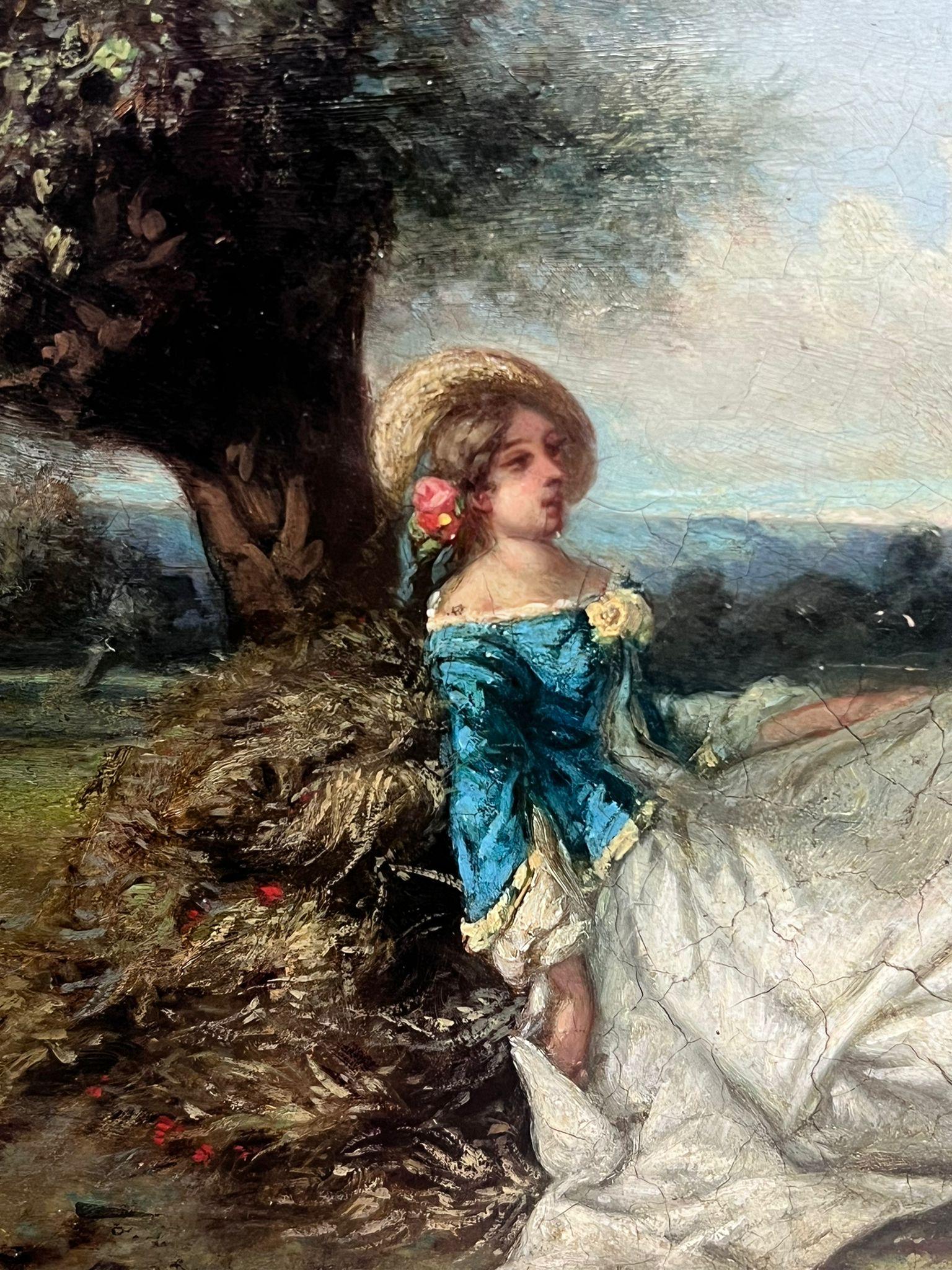 Romantic French Antique Oil Painting Courting Couple Resting Pastoral Landscape 2