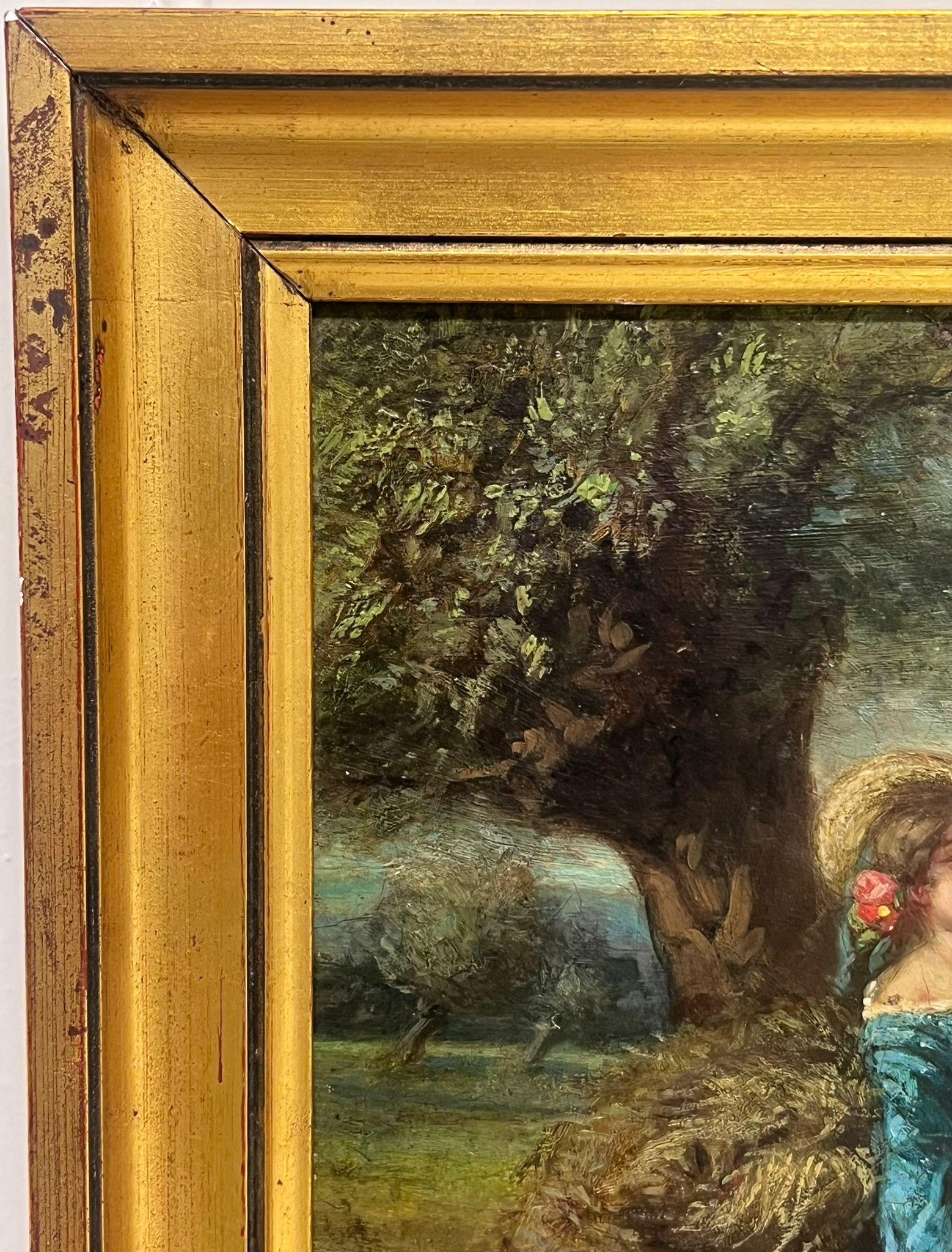 Romantic French Antique Oil Painting Courting Couple Resting Pastoral Landscape 4