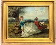 Romantic French Antique Oil Painting Courting Couple Resting Pastoral Landscape
