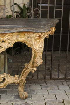 French Rococo Period 1740s Painted Console Table with Hand Carved Floral Motifs