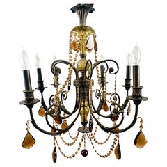 French Rococo Revival Bronzed Chandelier with Amber Glass Drops, 6 Arms