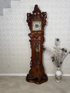 French Rococo Revival Carved Wooden Grandfather Clock with Cherubs