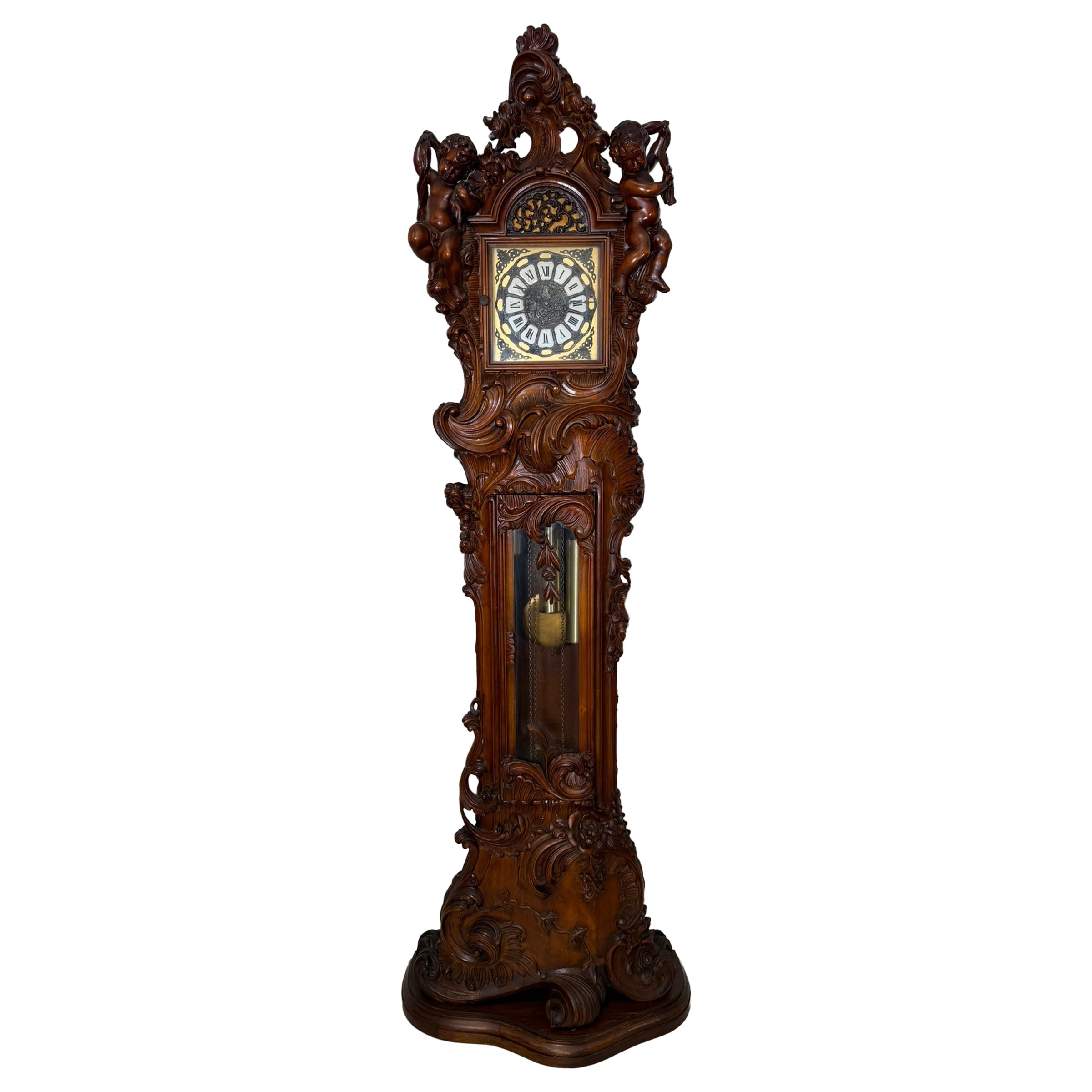 French Rococo Revival Carved Wooden Grandfather Clock with Cherubs