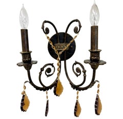 Scontrino da parete French Rococo Revival in metallo fuso bronzato con cristallo d'ambra, set di 4 pezzi
