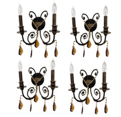 French Rococo Revival Cast Metal Bronzed Wall Sconce w Amber Crystal, Set of 4